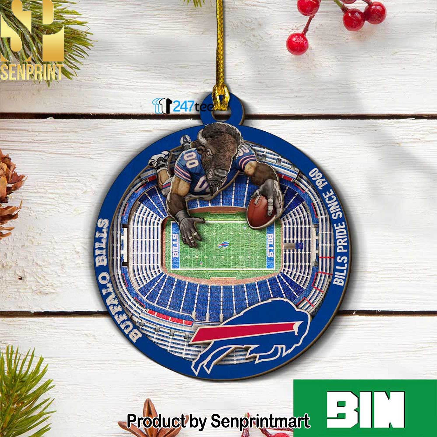 Christmas Gifts Buffalo Bills NFL 3D Stadium x Mascot Christmas 2023 Ornament