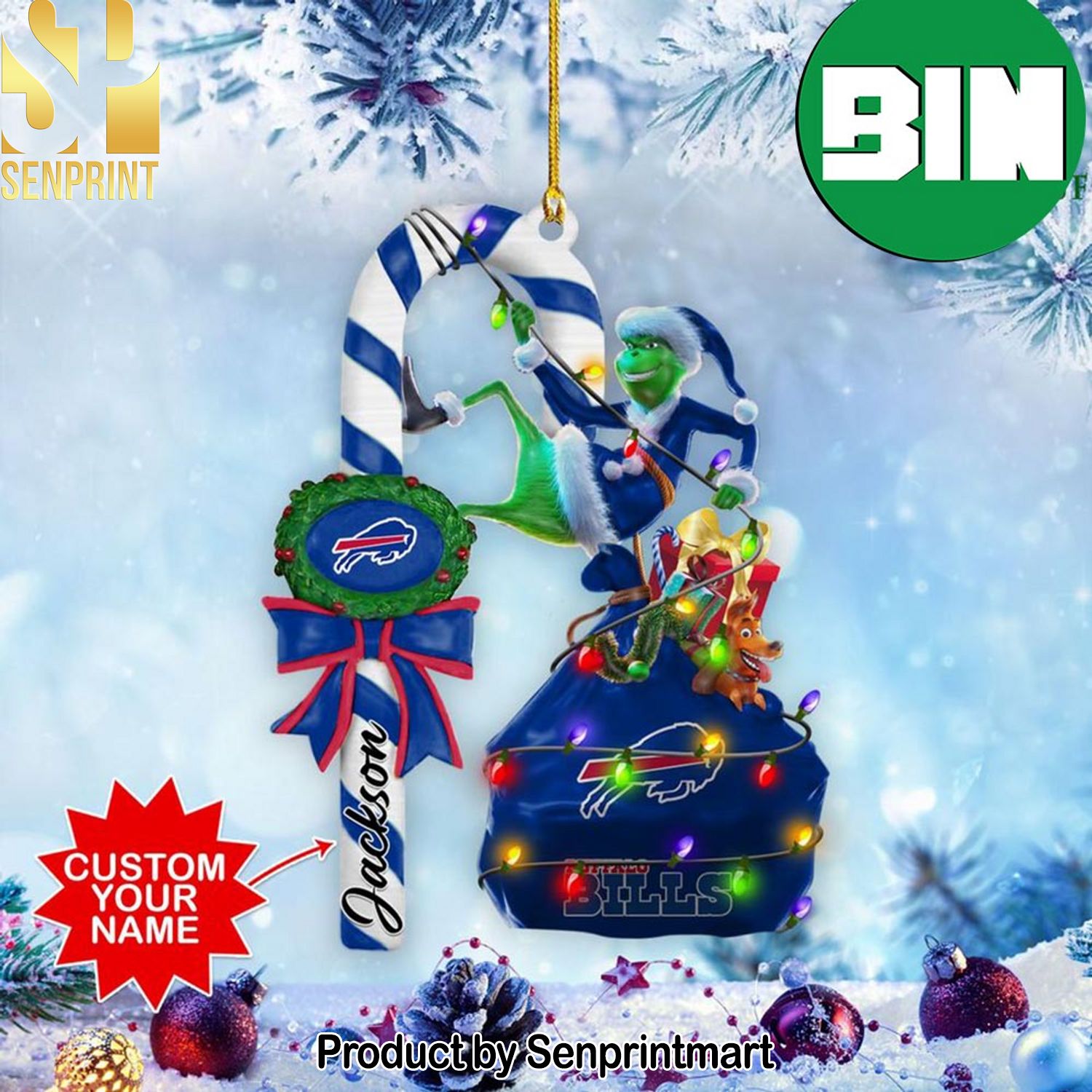 Christmas Gifts Buffalo Bills NFL Custom Name Tree Grinch Candy Cane Ornament