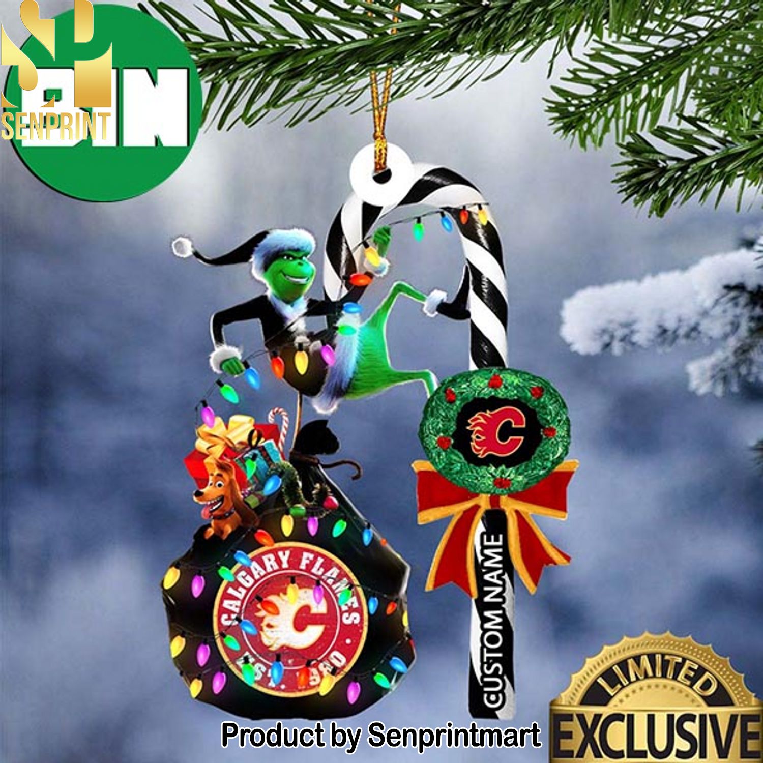 Christmas Gifts Calgary Flames NHL Grinch Candy Cane Custom Name Ornament