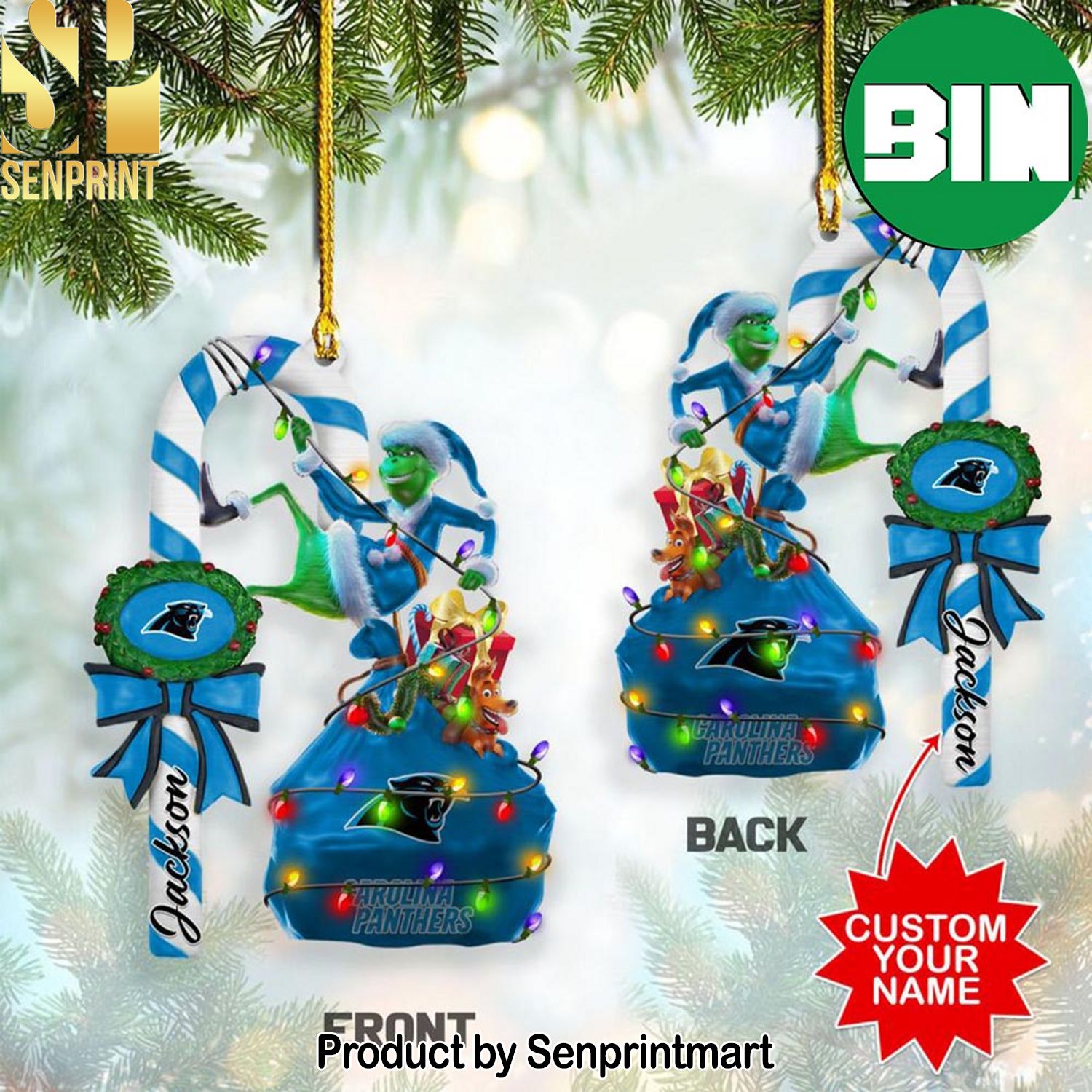Christmas Gifts Carolina Panthers NFL Custom Name x Grinch Two Sides Ornament