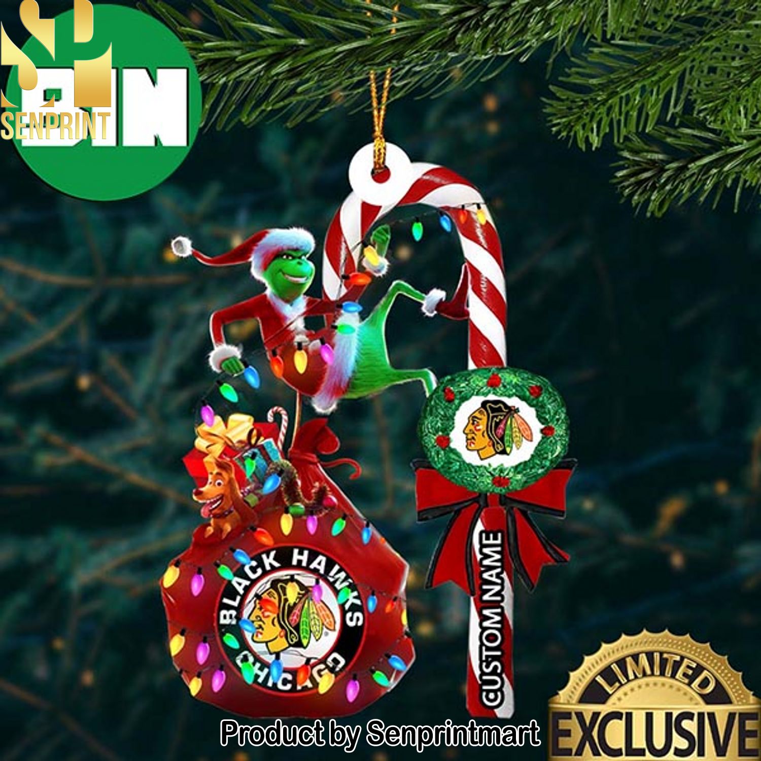 Christmas Gifts Chicago Blackhawks NHL Grinch Candy Cane Custom Name Ornament