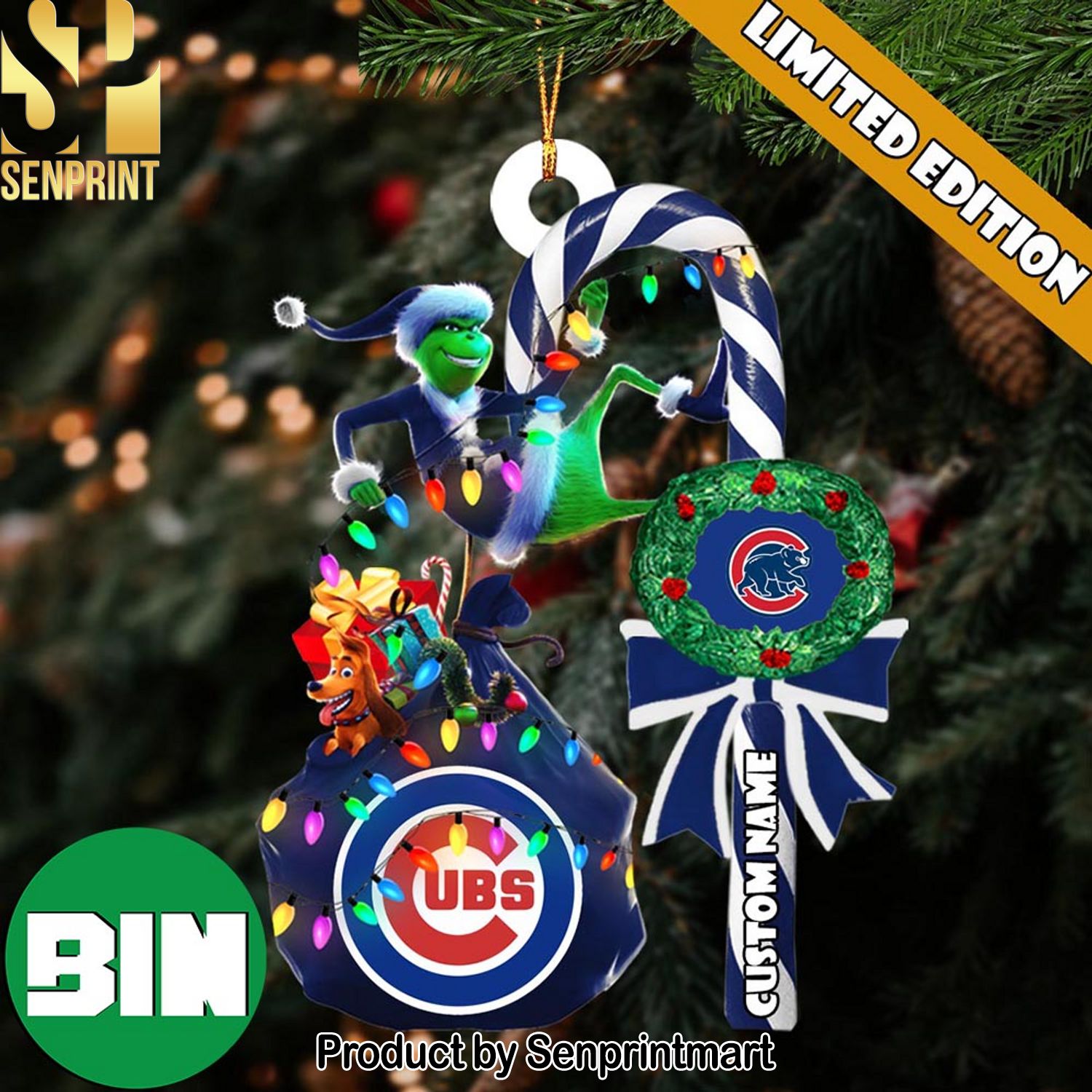 Christmas Gifts Chicago Cubs MLB Custom Name Grinch Candy Cane Ornament