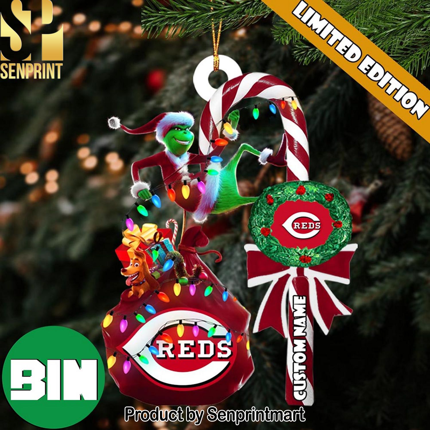 Christmas Gifts Cincinnati Reds MLB Custom Name Grinch Candy Cane Ornament