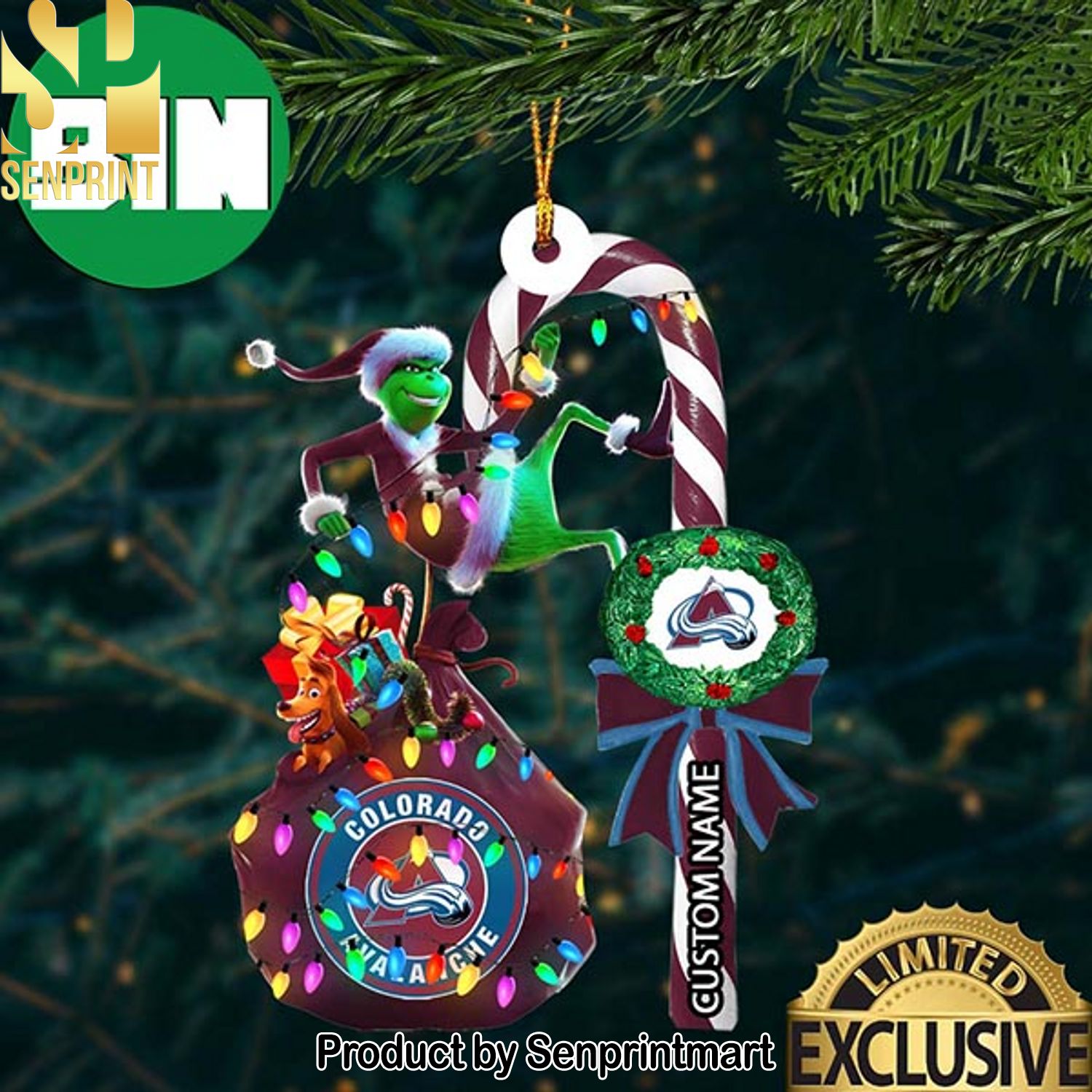 Christmas Gifts Colorado Avalanche NHL Grinch Candy Cane Custom Name Ornament