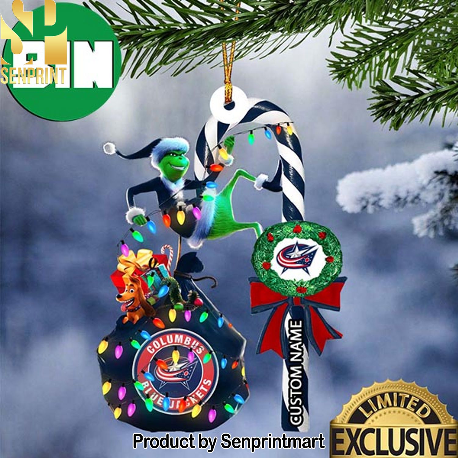 Christmas Gifts Columbus Blue Jackets NHL Grinch Candy Cane Custom Name Ornament