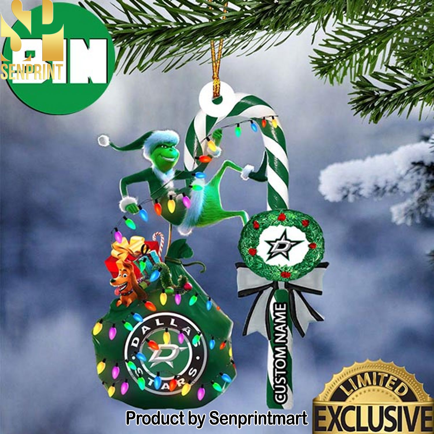 Christmas Gifts Dallas Stars NHL Grinch Candy Cane Custom Name Ornament