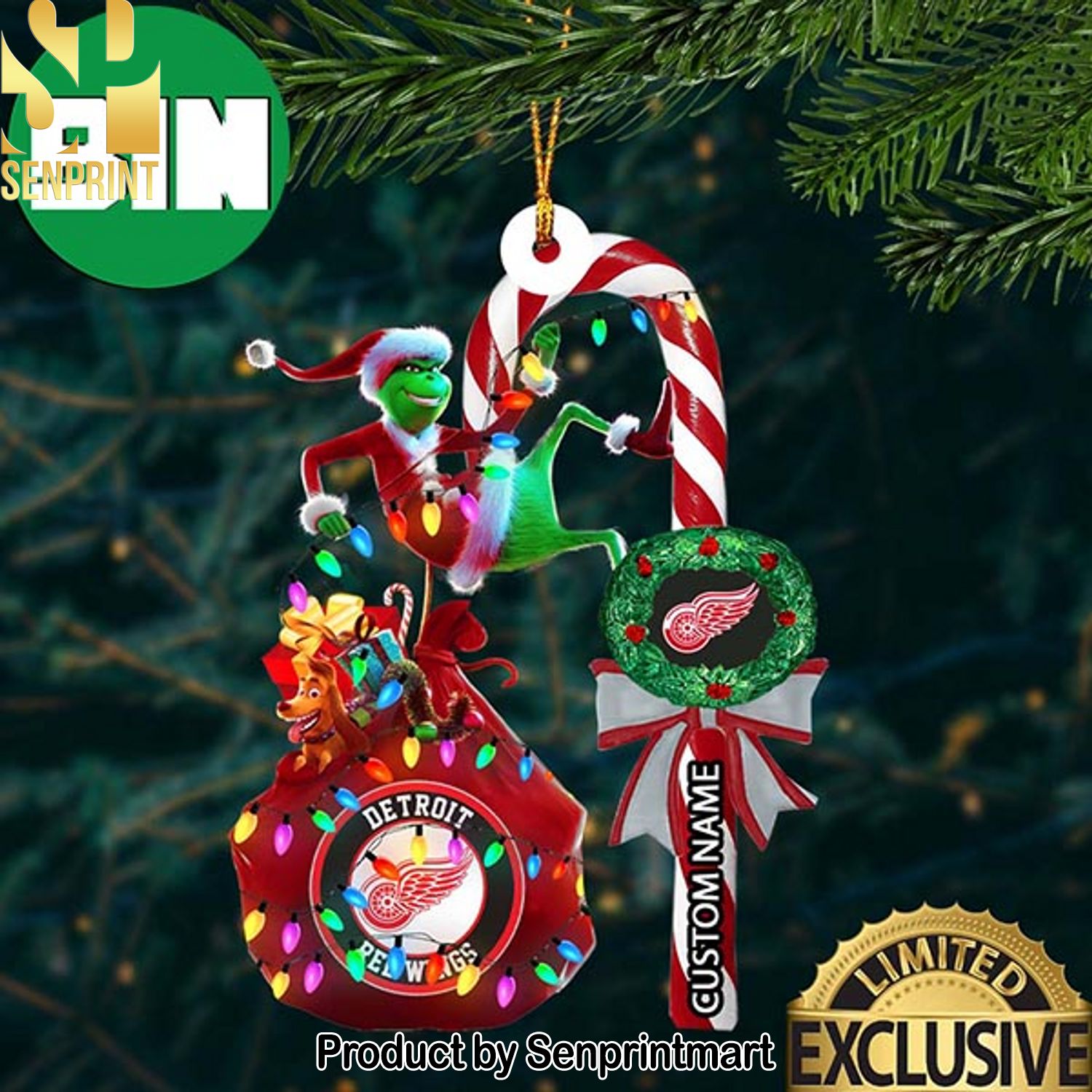 Christmas Gifts Detroit Red Wings NHL Grinch Candy Cane Custom Name Ornament
