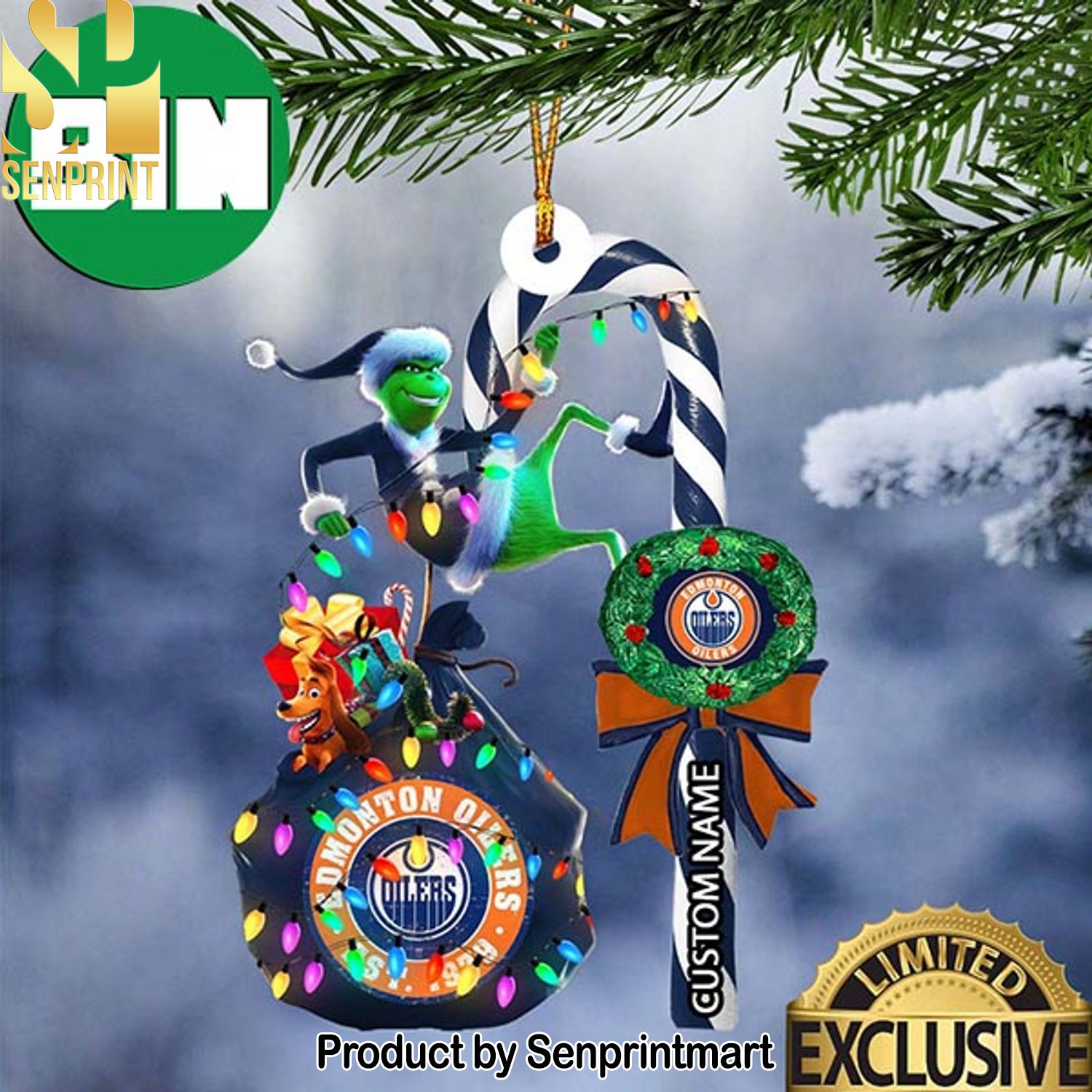 Christmas Gifts Edmonton Oilers NHL Grinch Candy Cane Custom Name Ornament
