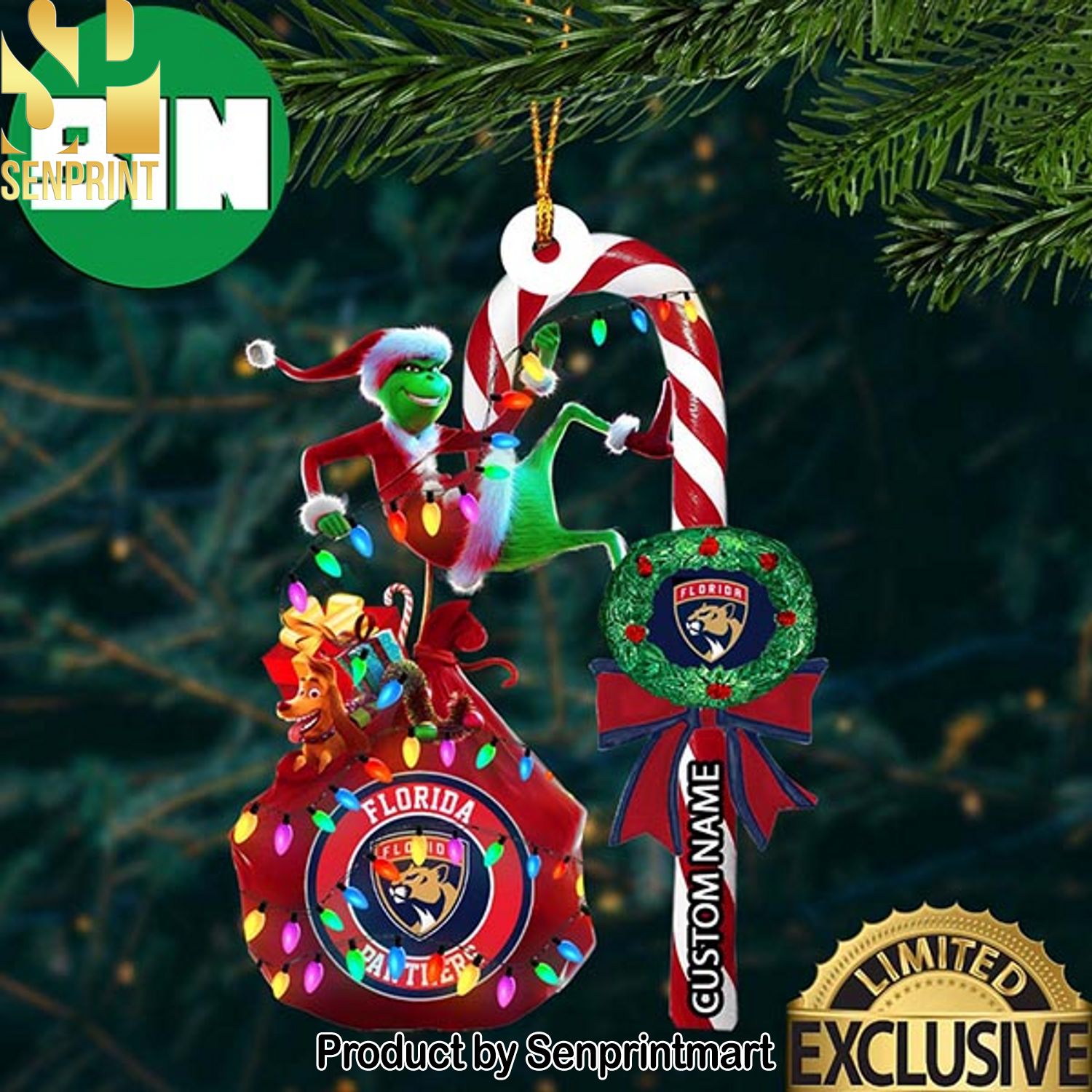 Christmas Gifts Florida Panthers NHL Grinch Candy Cane Custom Name Ornament