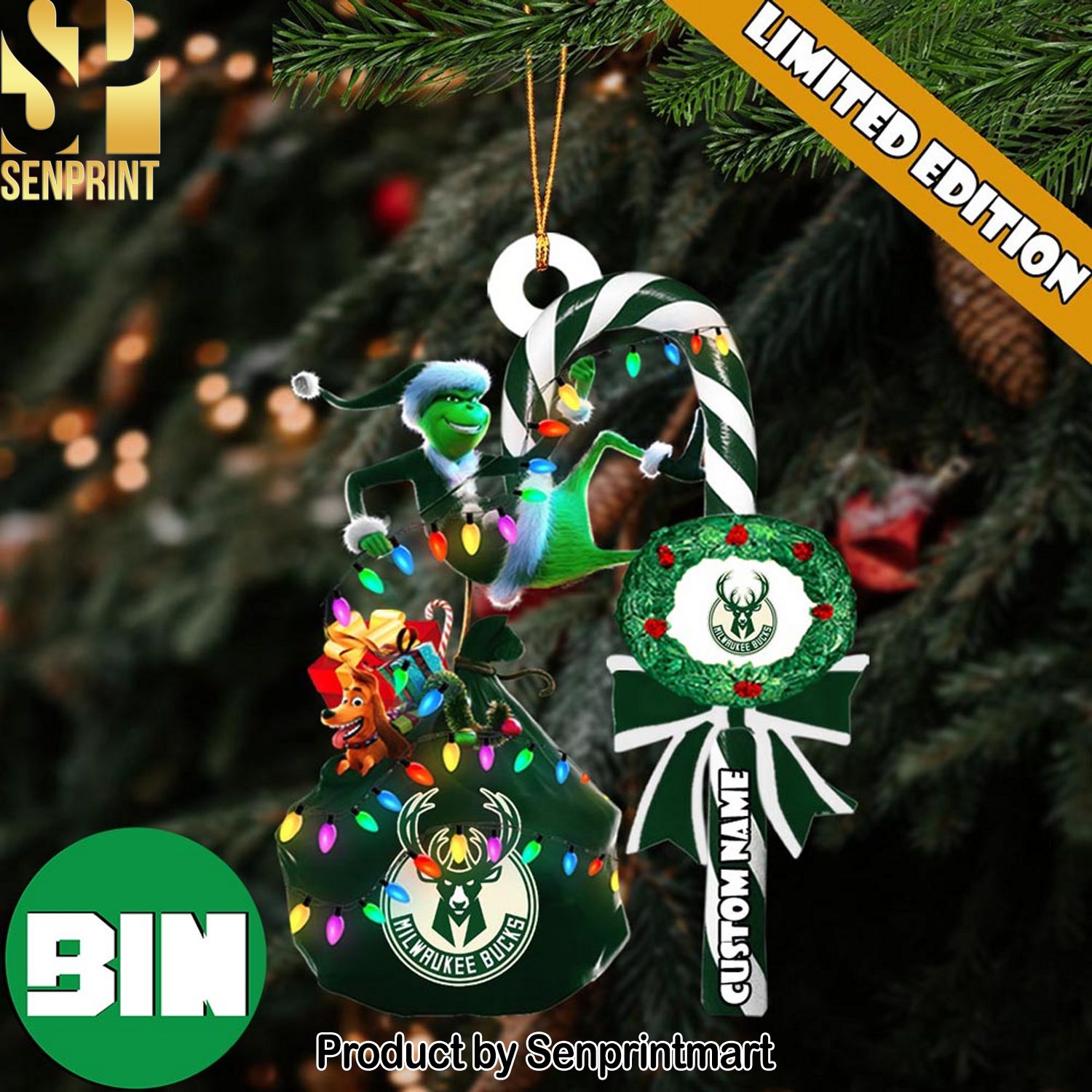 Christmas Gifts Milwaukee Bucks NBA Custom Name Grinch Candy Cane Ornament