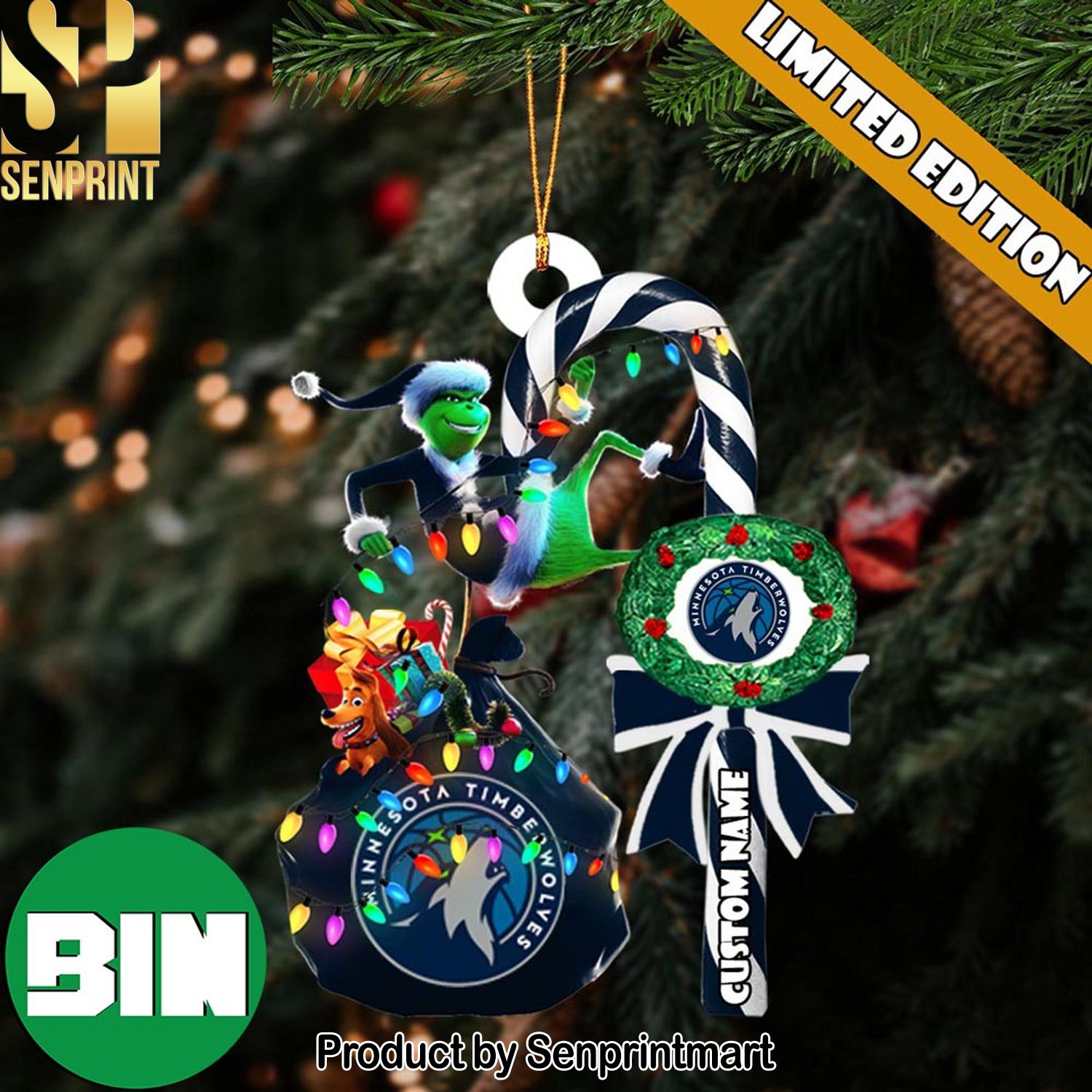Christmas Gifts Minnesota Timberwolves NBA Custom Name Grinch Candy Cane Ornament