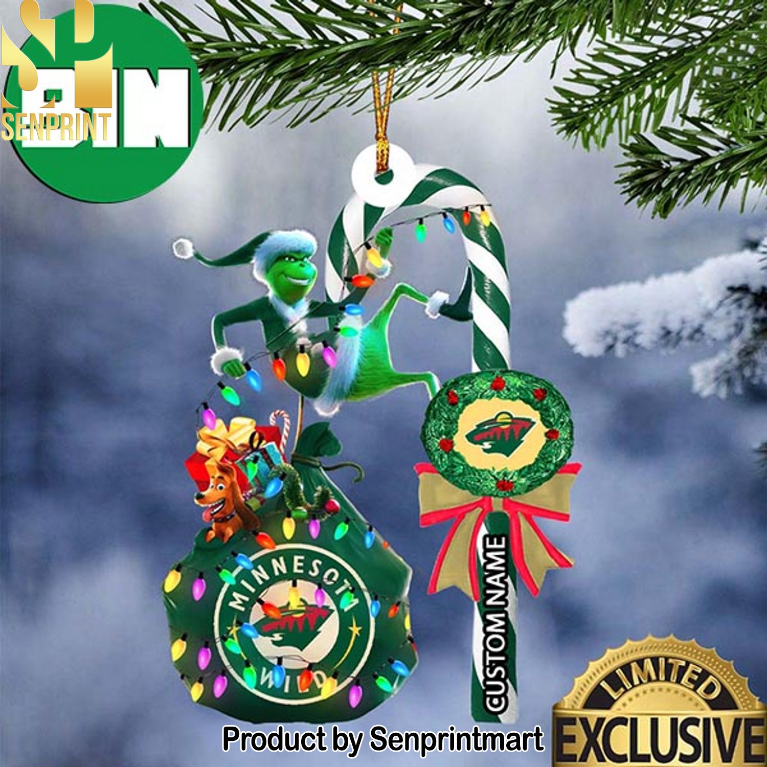 Christmas Gifts Minnesota Wild NHL Grinch Candy Cane Custom Name Ornament