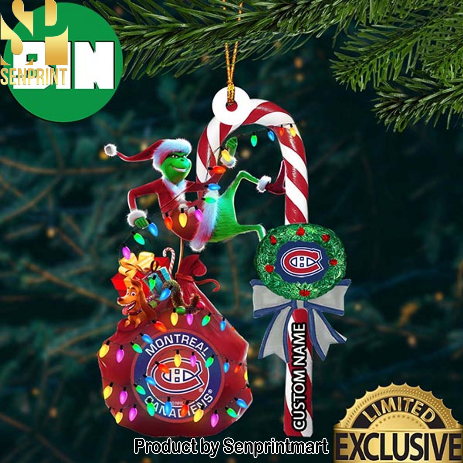 Christmas Gifts Montreal Canadiens NHL Grinch Candy Cane Custom Name Ornament