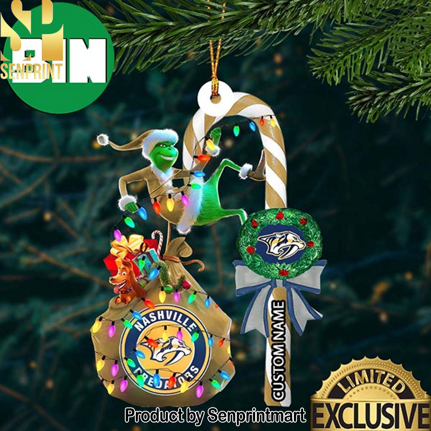 Christmas Gifts Nashville Predators NHL Grinch Candy Cane Custom Name Ornament
