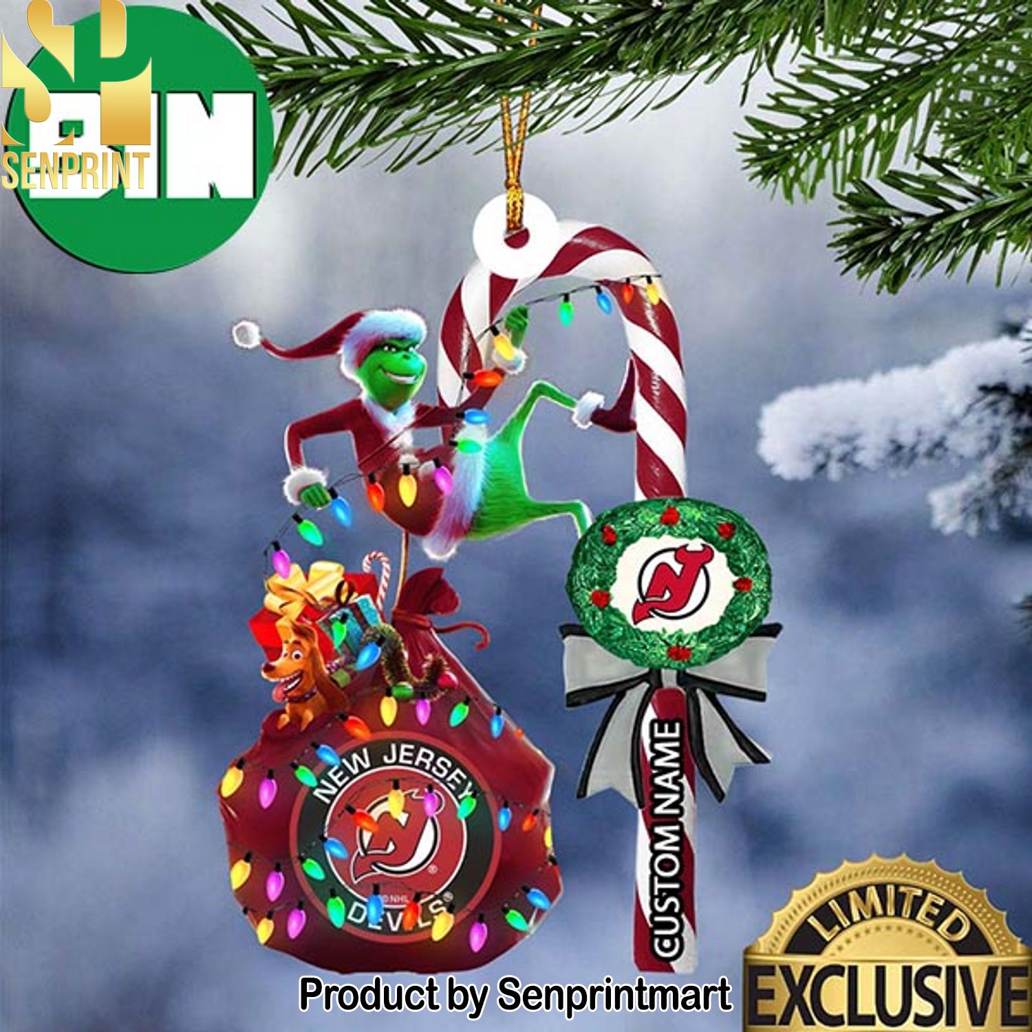 Christmas Gifts New Jersey Devils NHL Grinch Candy Cane Custom Name Ornament