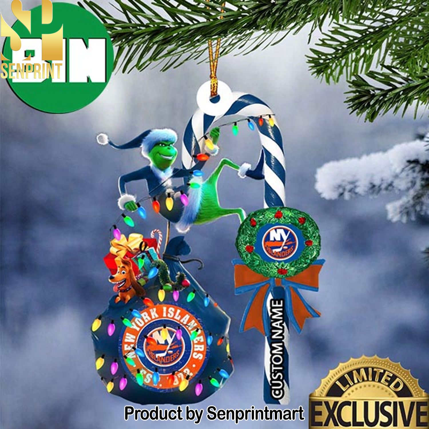 Christmas Gifts New York Islanders NHL Grinch Candy Cane Custom Name Ornament