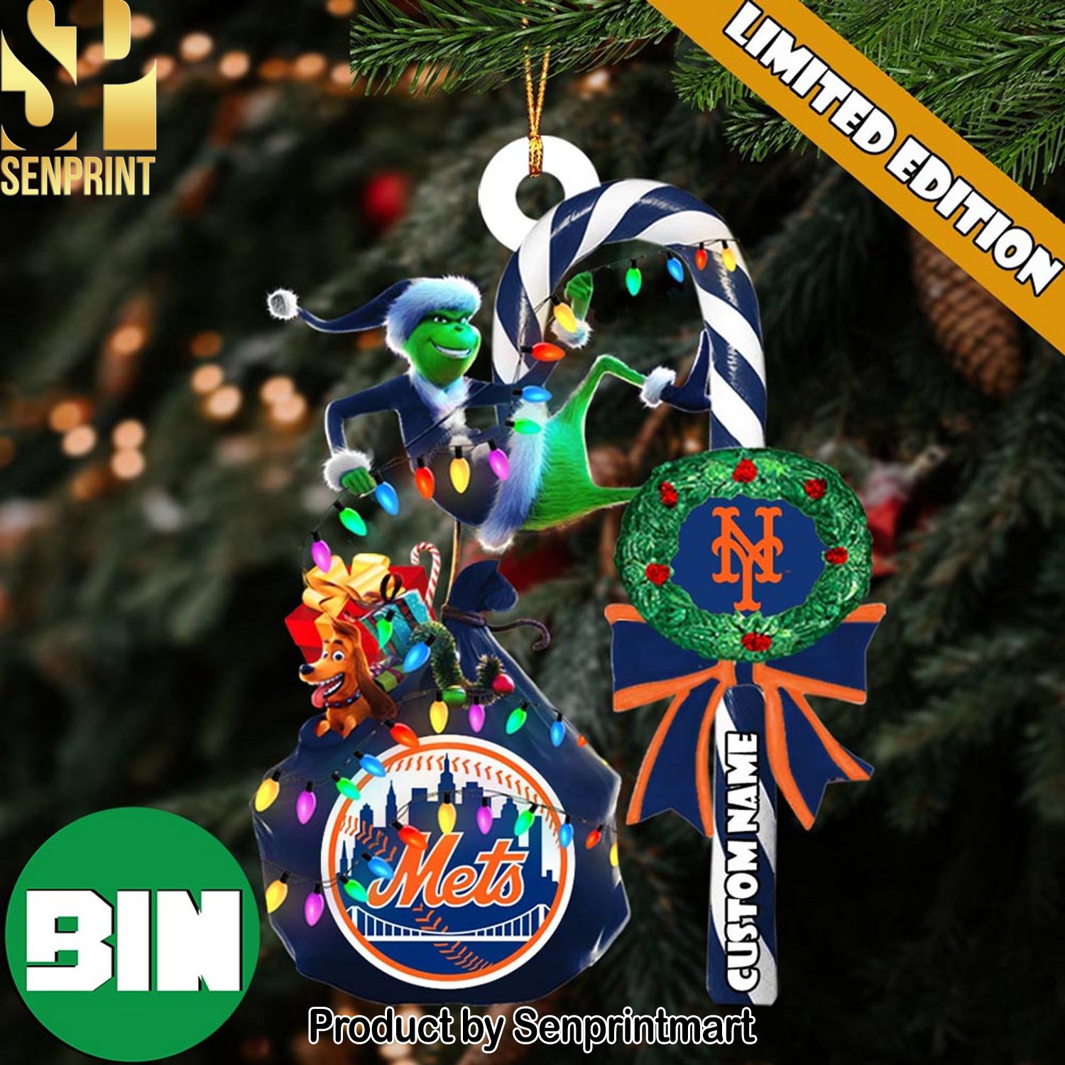 Christmas Gifts New York Mets MLB Custom Name Grinch Candy Cane Ornament