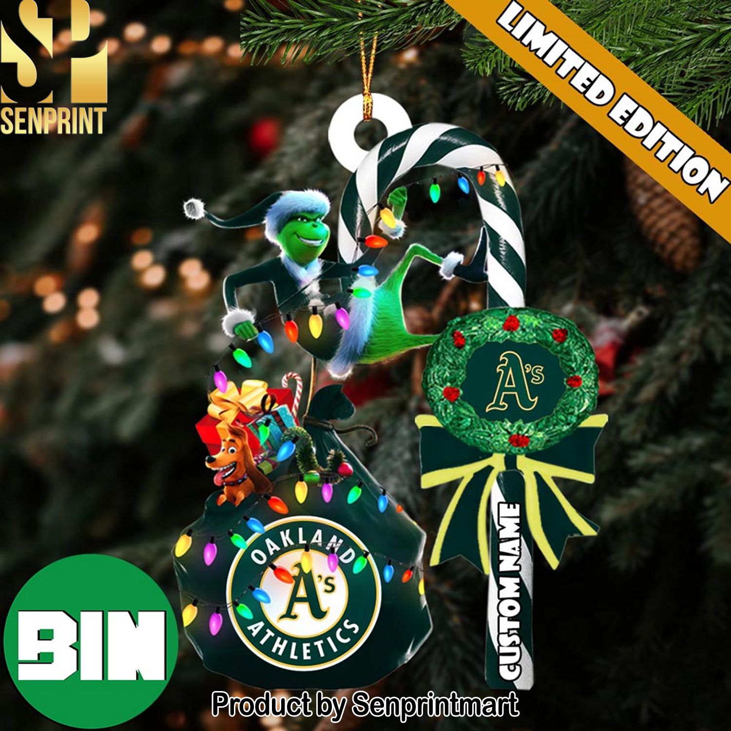 Christmas Gifts Oakland Athletics MLB Custom Name Grinch Candy Cane Ornament