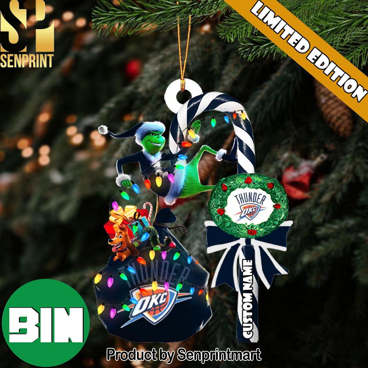 Christmas Gifts Oklahoma City Thunder NBA Custom Name Grinch Candy Cane Ornament