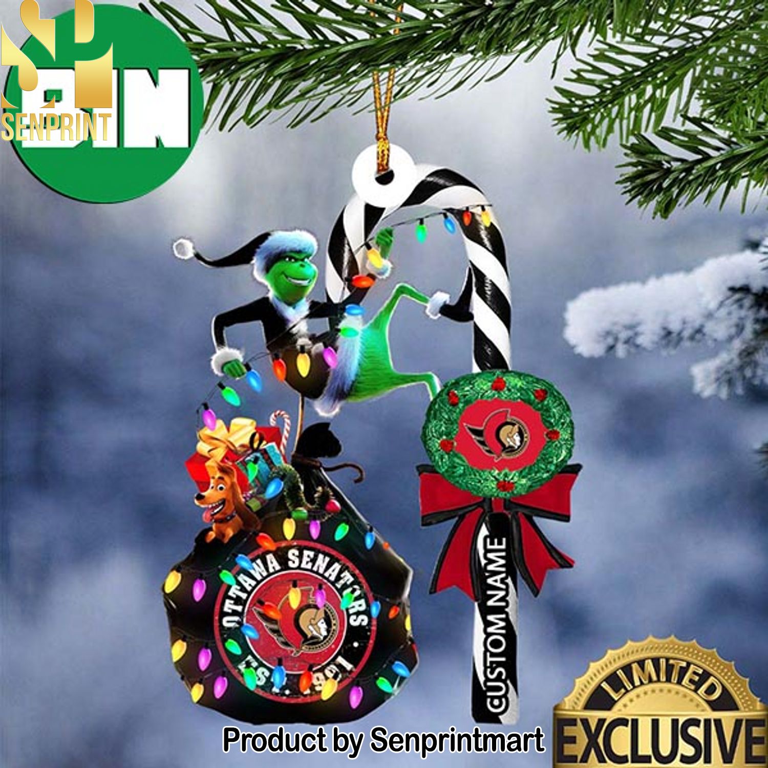 Christmas Gifts Ottawa Senators NHL Grinch Candy Cane Custom Name Ornament