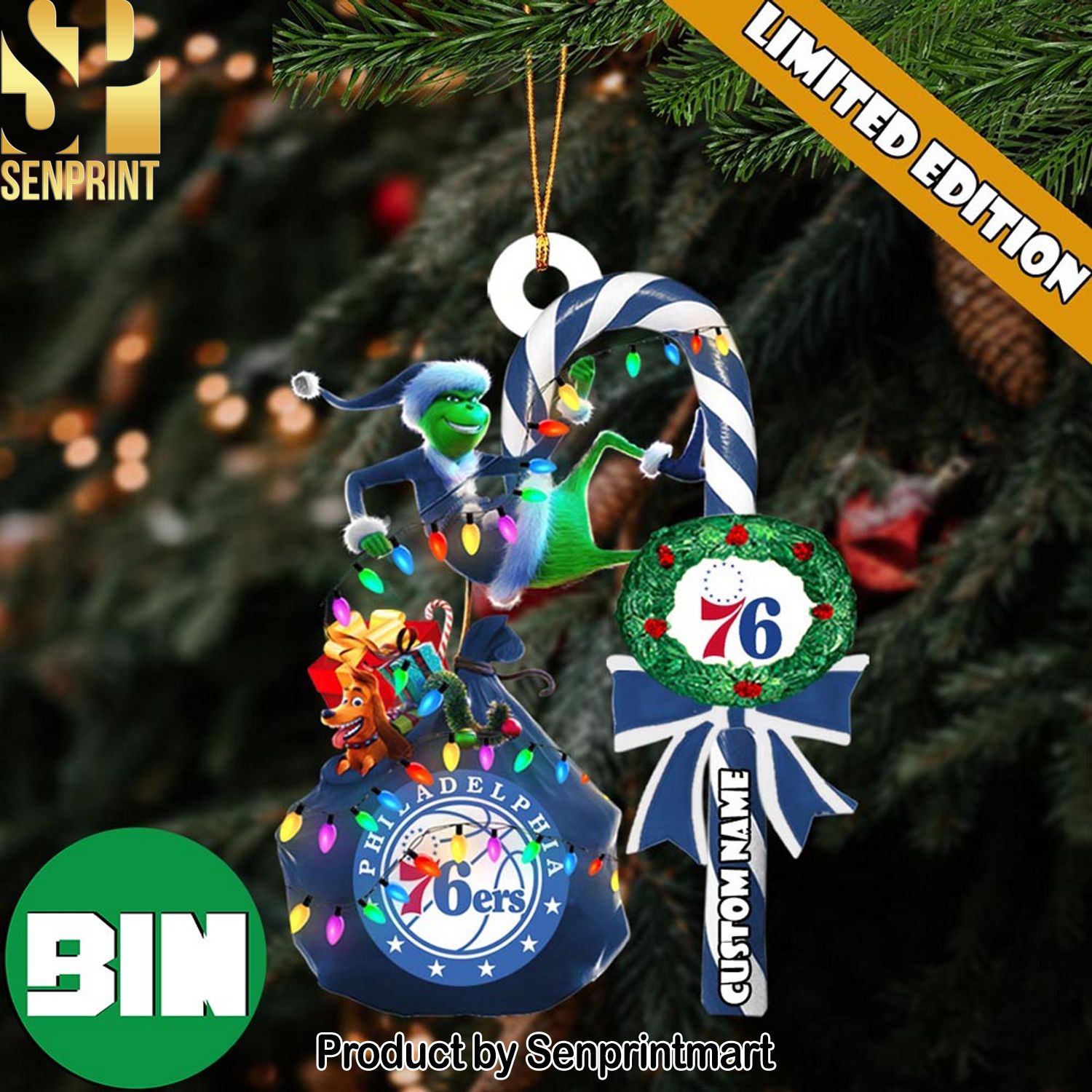 Christmas Gifts Philadelphia 76ers NBA Custom Name Grinch Candy Cane Ornament
