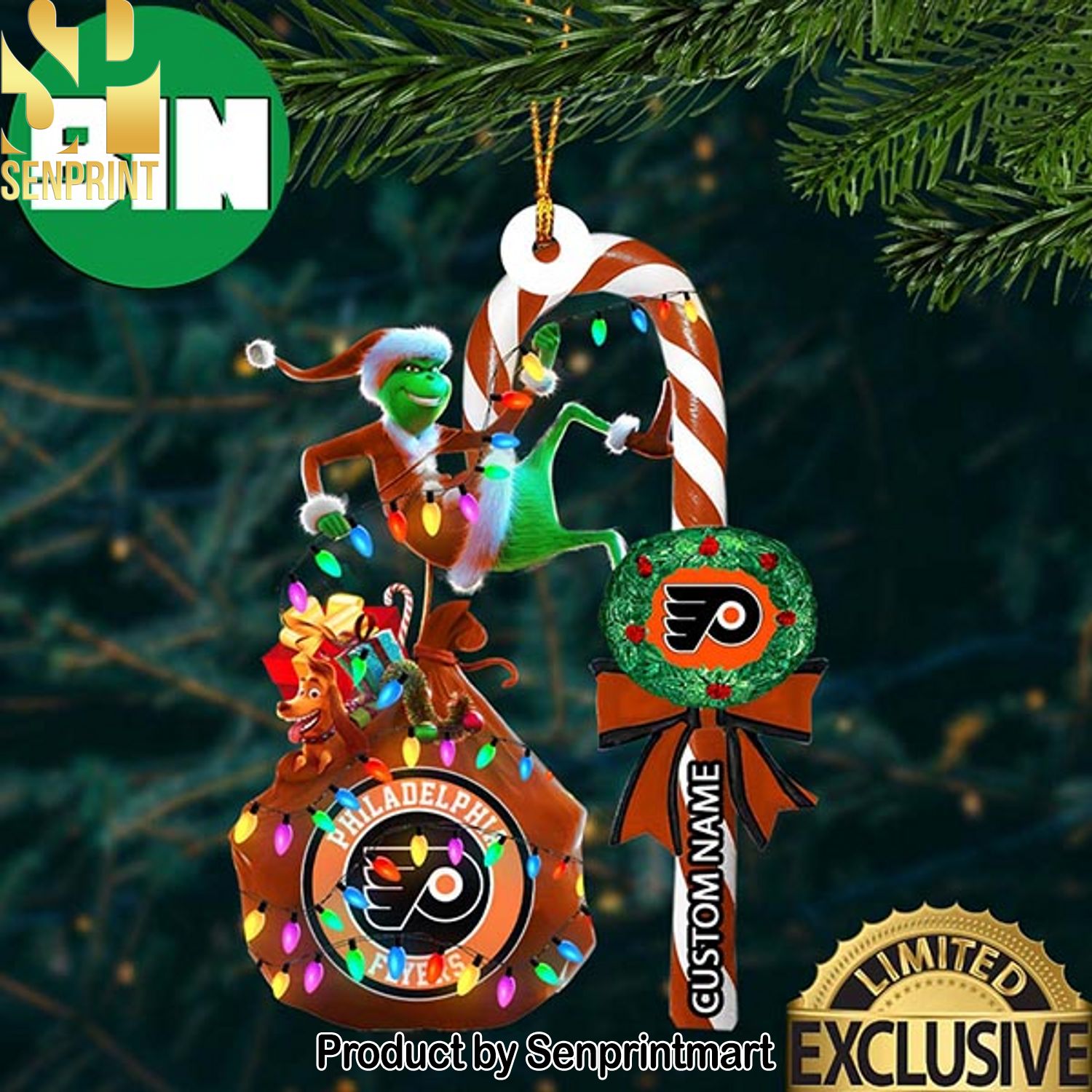 Christmas Gifts Philadelphia Flyers NHL Grinch Candy Cane Custom Name Ornament
