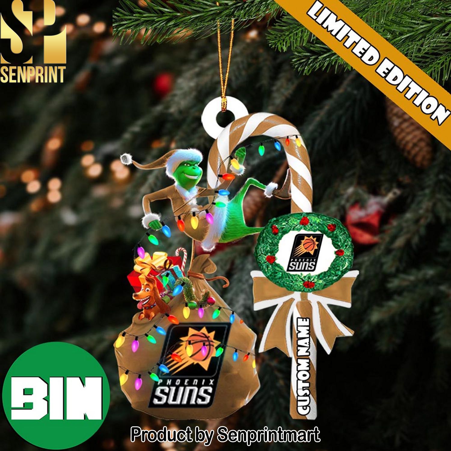 Christmas Gifts Phoenix Suns NBA Custom Name Grinch Candy Cane Ornament