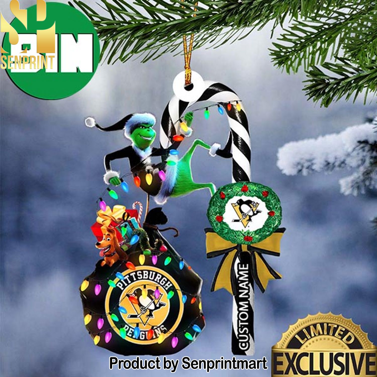 Christmas Gifts Pittsburgh Penguins NHL Grinch Candy Cane Custom Name Ornament