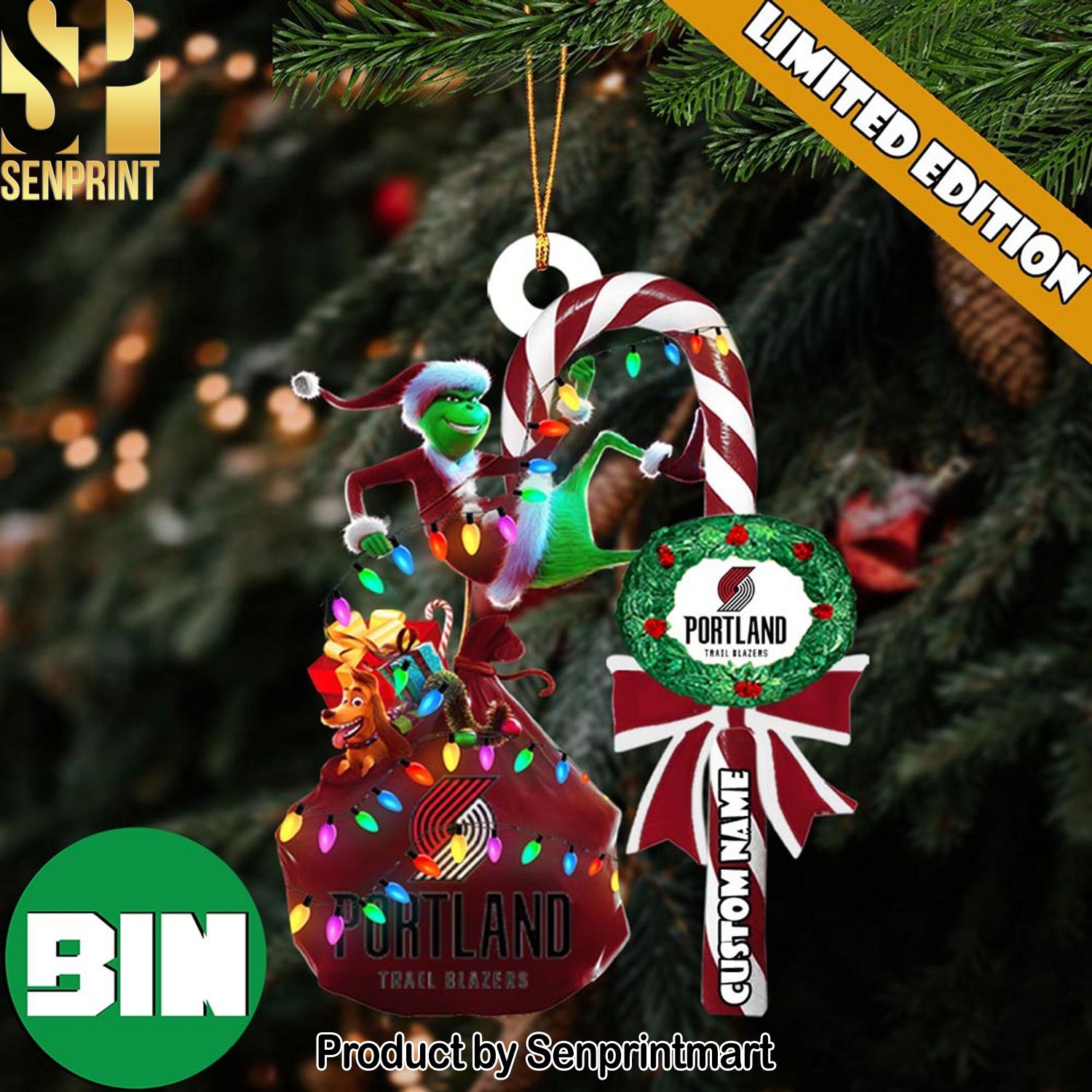 Christmas Gifts Portland Trail Blazers NBA Custom Name Grinch Candy Cane Ornament