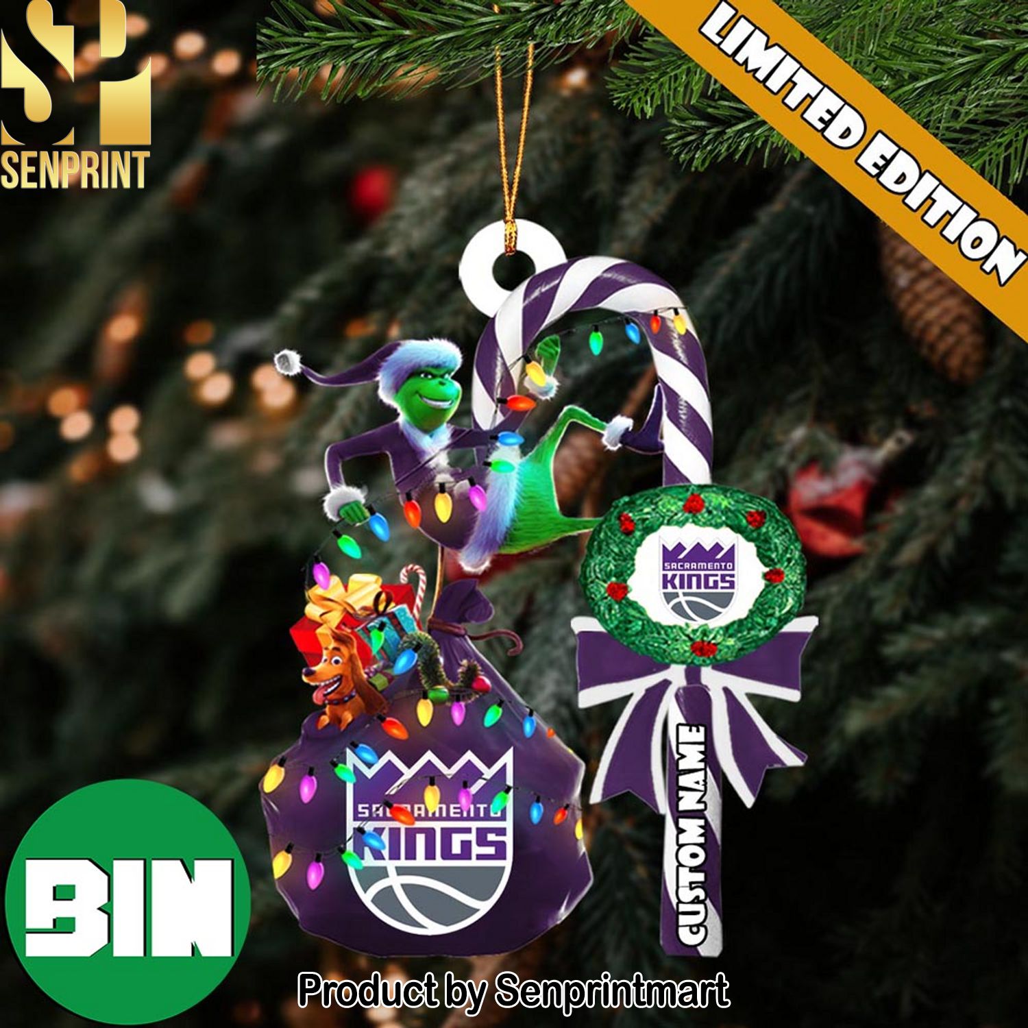 Christmas Gifts Sacramento Kings NBA Custom Name Grinch Candy Cane Ornament