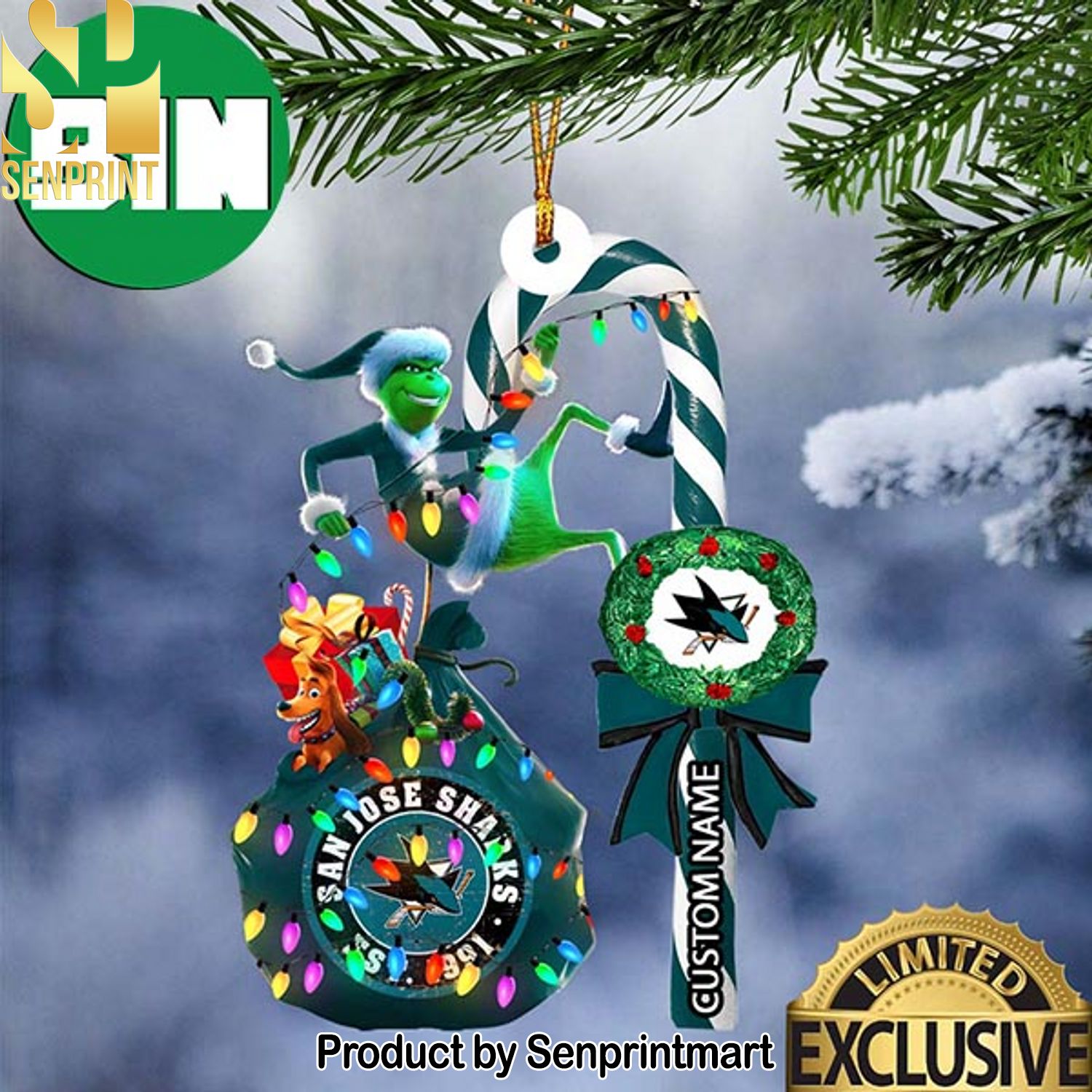 Christmas Gifts San Jose Sharks NHL Grinch Candy Cane Custom Name Ornament