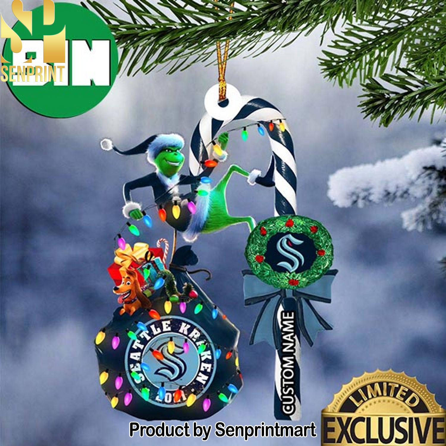 Christmas Gifts Seattle Kraken NHL Grinch Candy Cane Custom Name Ornament