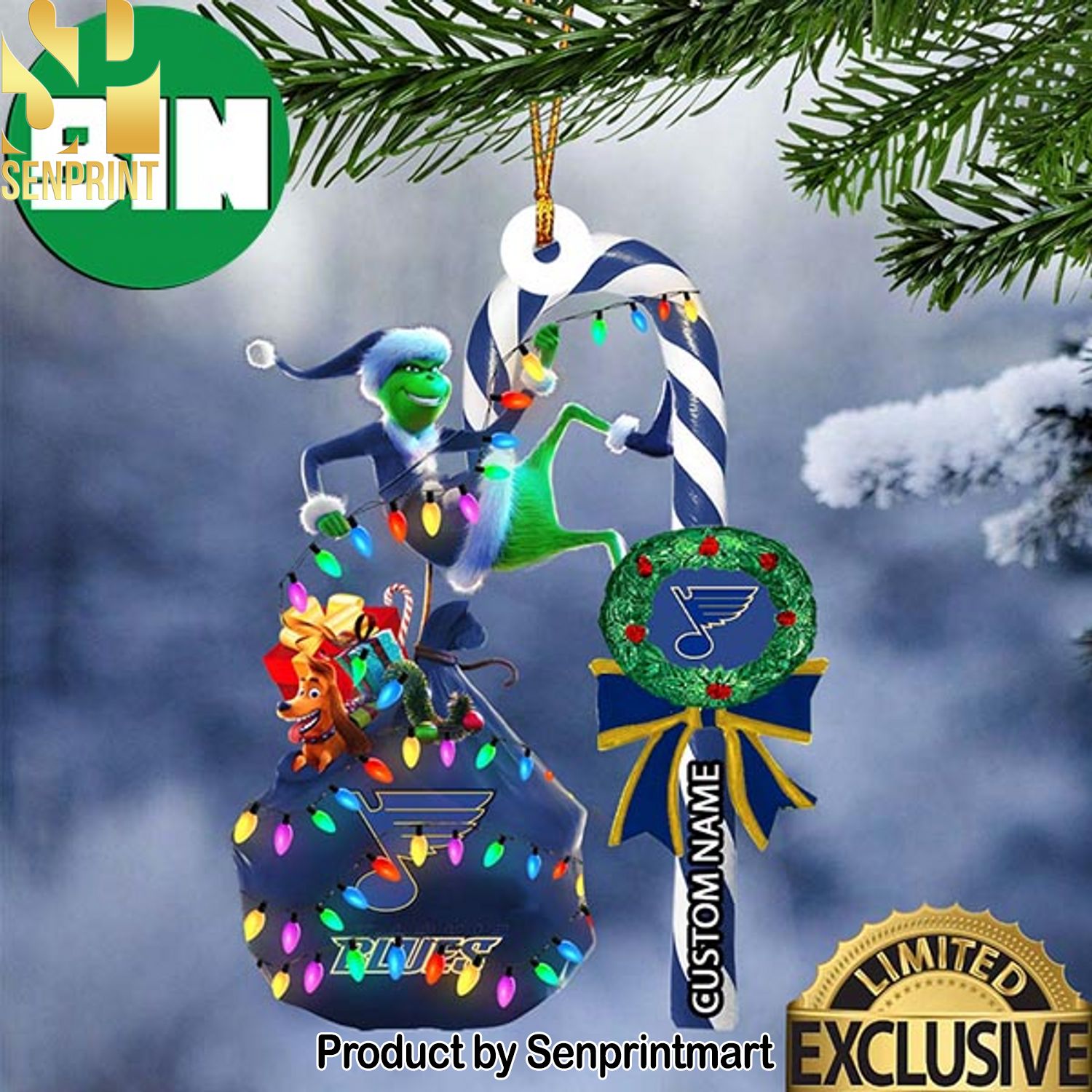 Christmas Gifts St Louis Blues NHL Grinch Candy Cane Custom Name Ornament
