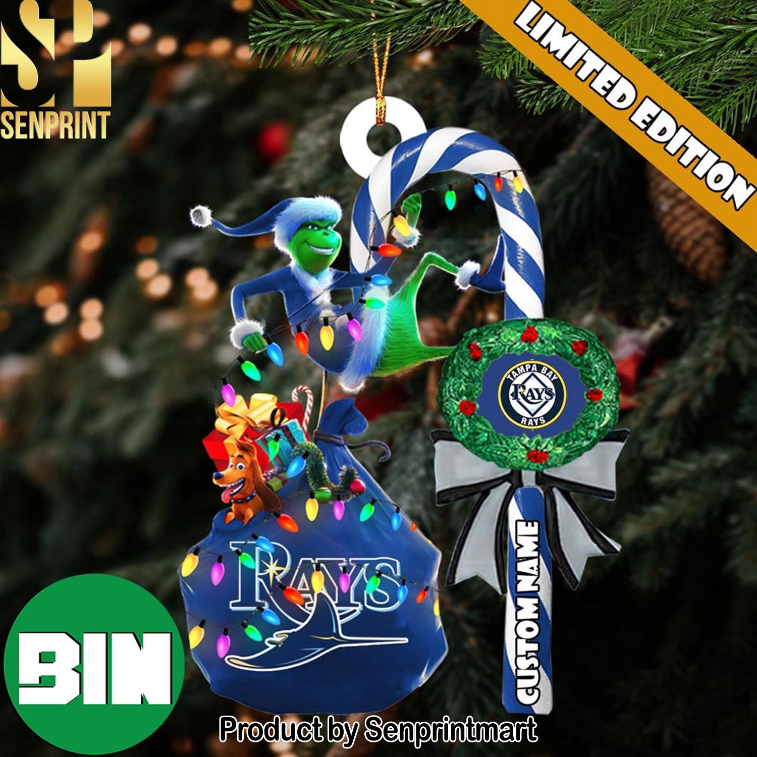 Christmas Gifts Tampa Bay Rays MLB Custom Name Grinch Candy Cane Ornament