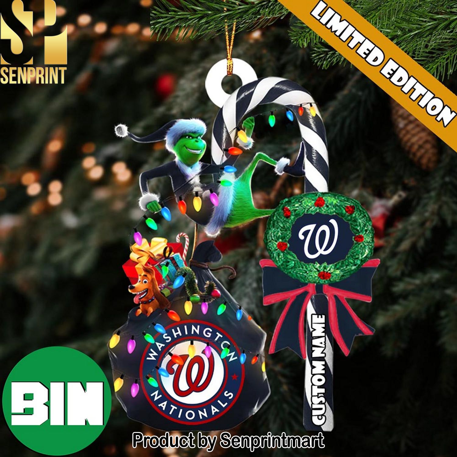 Christmas Gifts Washington Nationals MLB Custom Name Grinch Candy Cane Ornament