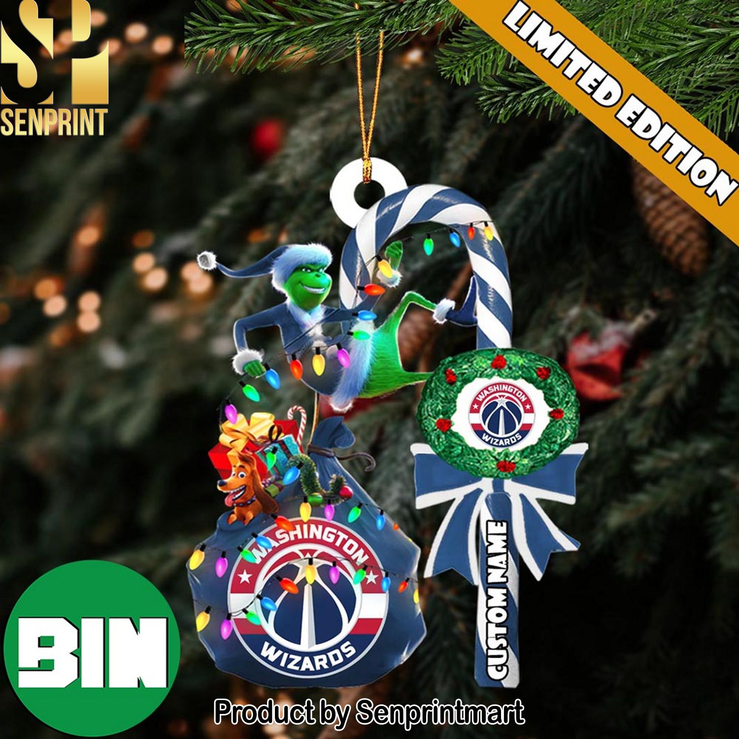 Christmas Gifts Washington Wizards NBA Custom Name Grinch Candy Cane Ornament