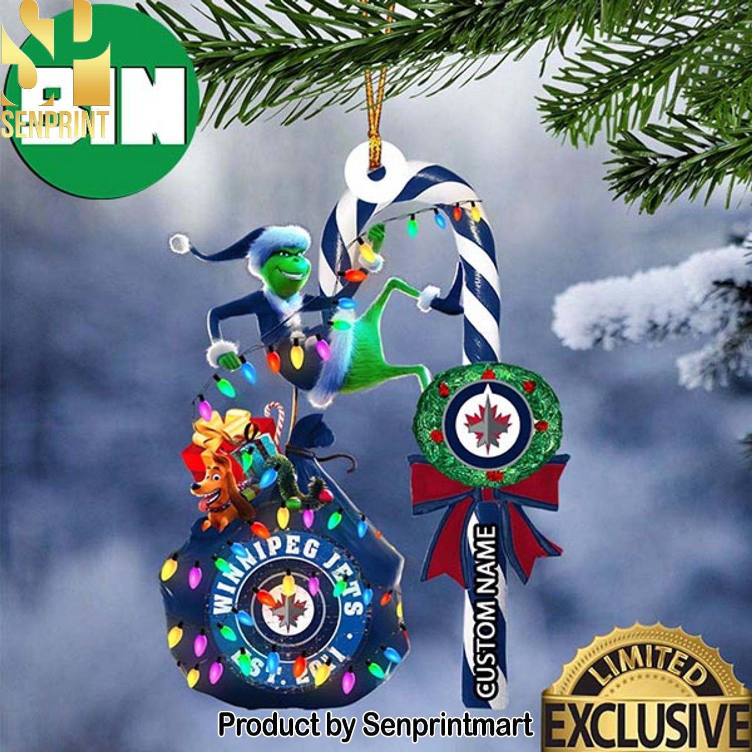 Christmas Gifts Winnipeg Jets NHL Grinch Candy Cane Custom Name Ornament