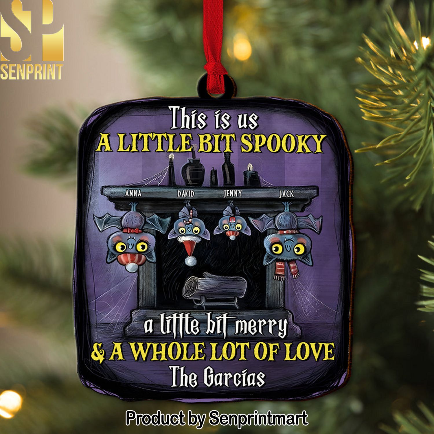 A Little Bit Spooky, A Little Bit Merry Bat Family Personalized Wood Ornament, Gift For Family