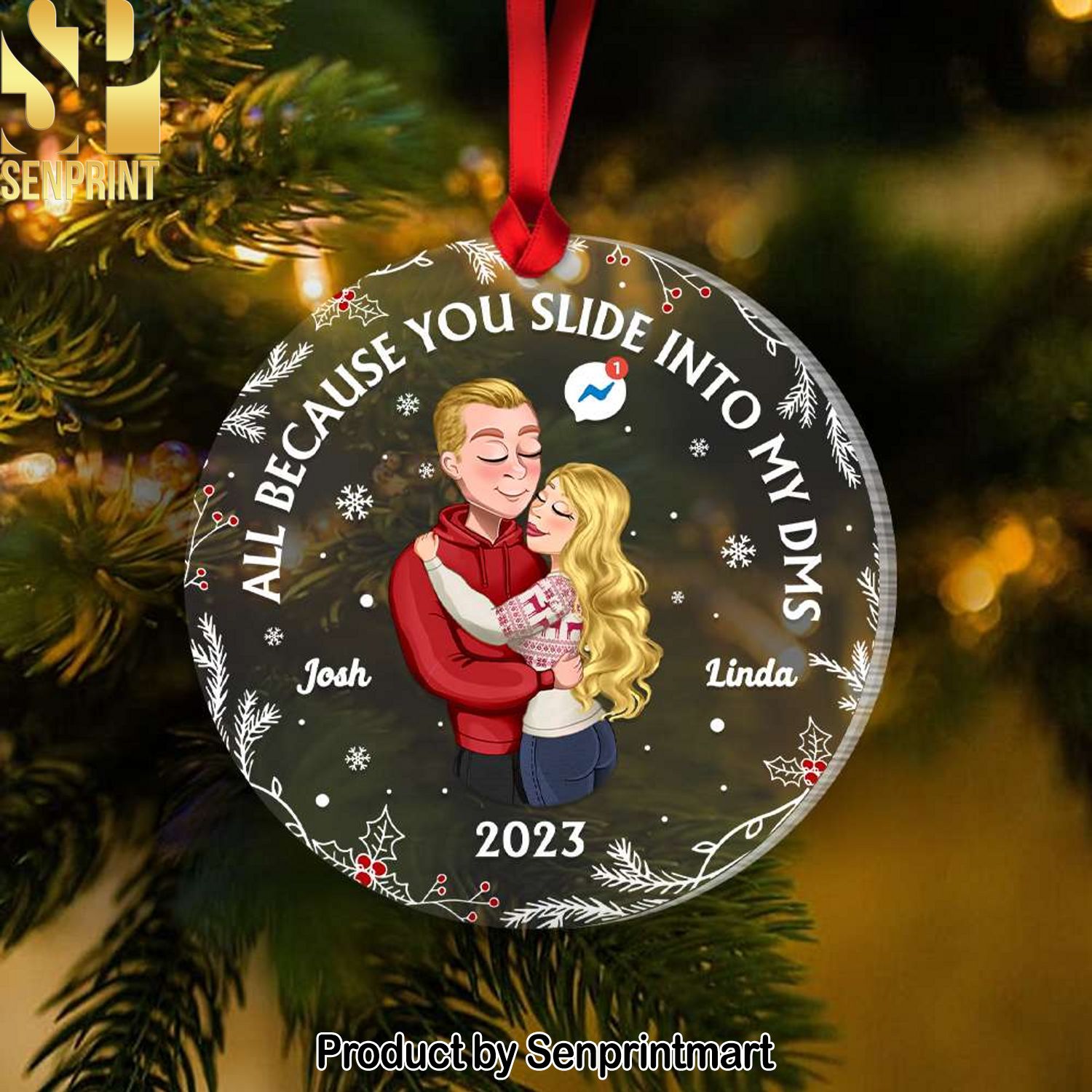 All Because You Slide Into My DMS, Couple Gift, Personalized Acrylic Ornament, Couple Hugging Ornament, Christmas Gift
