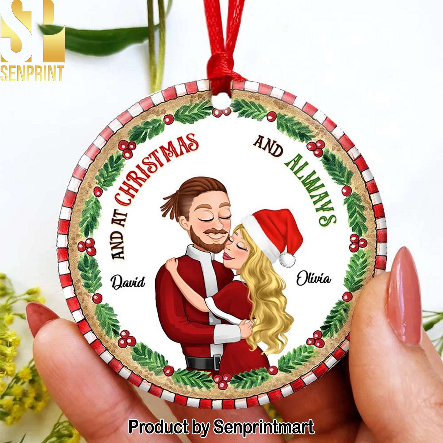 And At Christmas And Always, Couple Gift, Personalized Ceramic Ornament, Hugging Couple Ornament, Christmas Gift