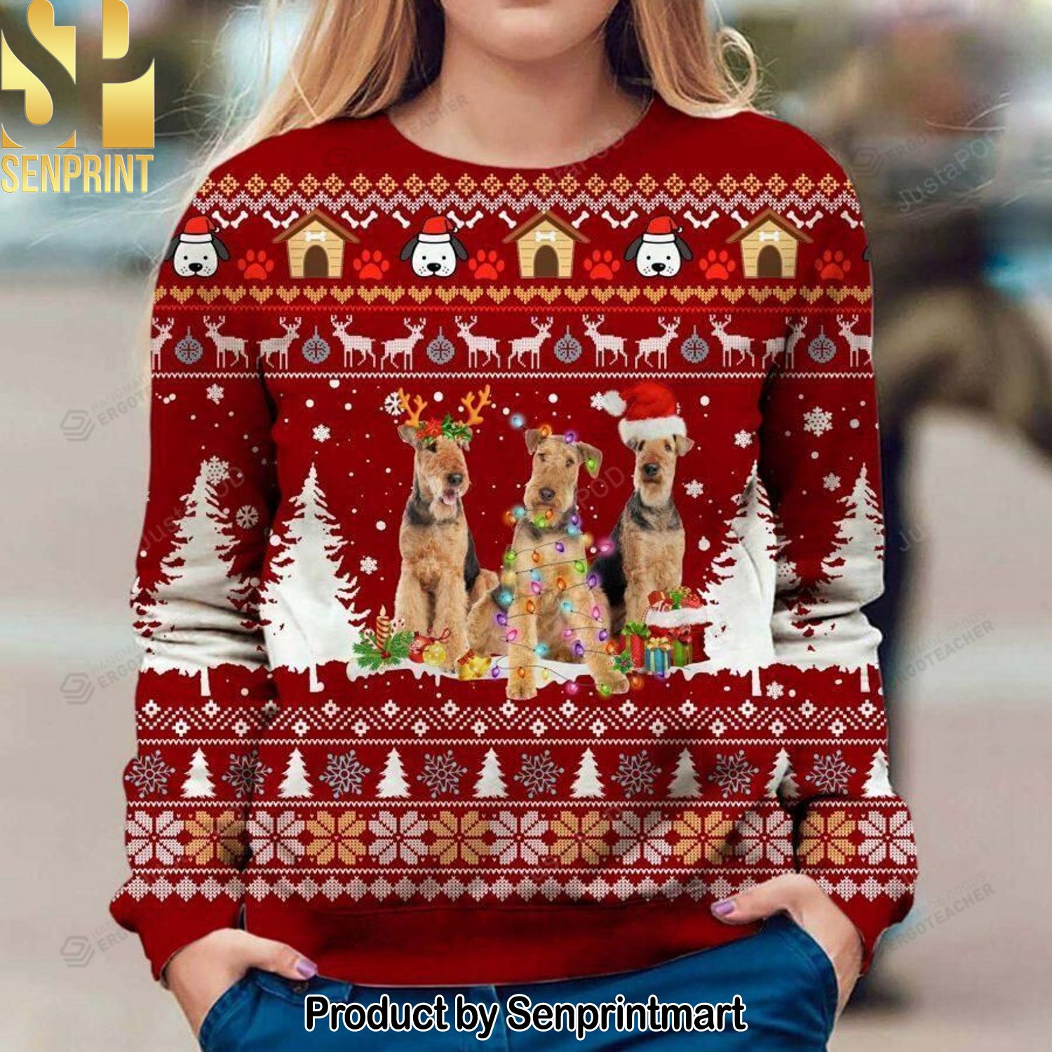 Airedale Terrier Knitting Pattern Ugly Christmas Sweater