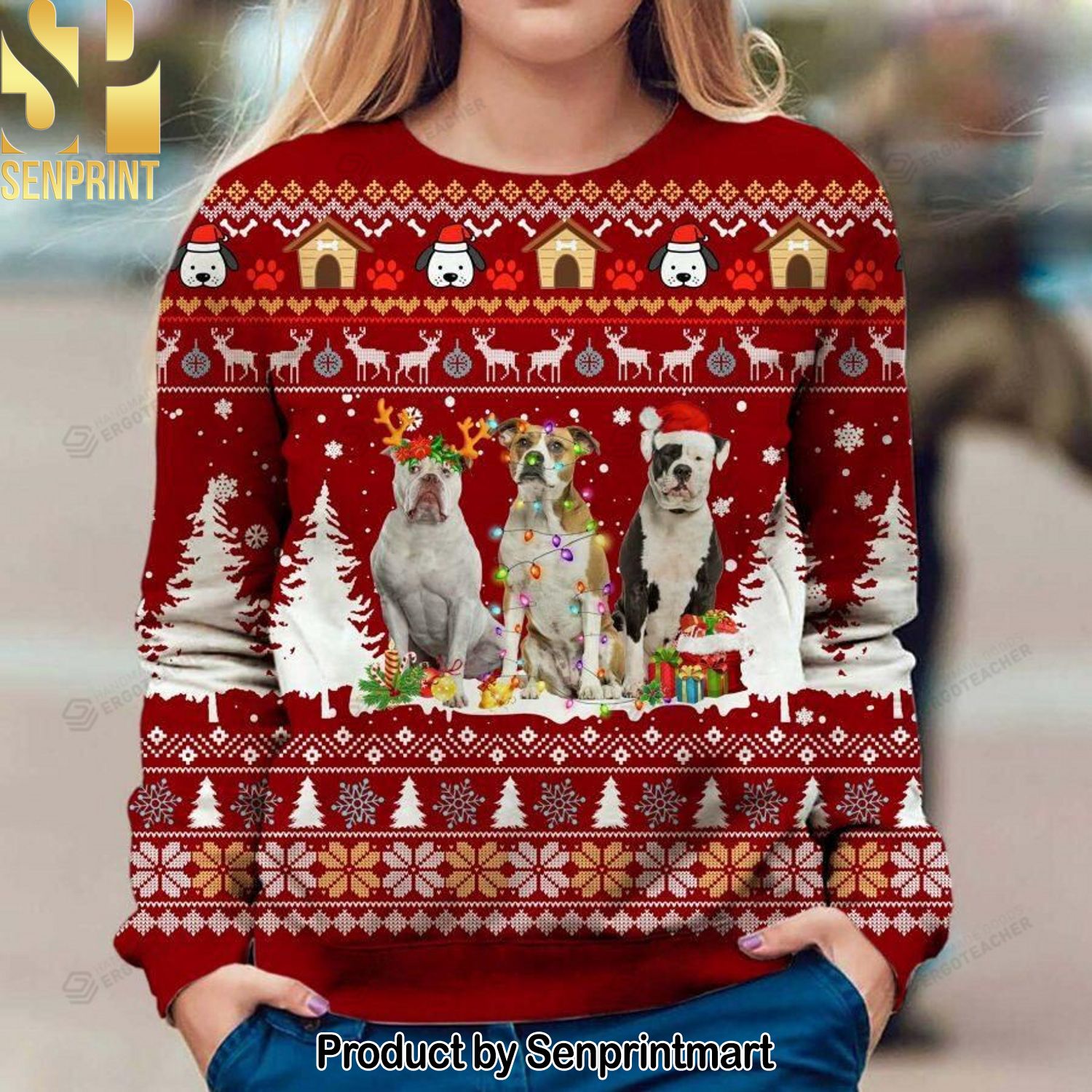 American Bulldog Ugly Christmas Wool Knitted Sweater