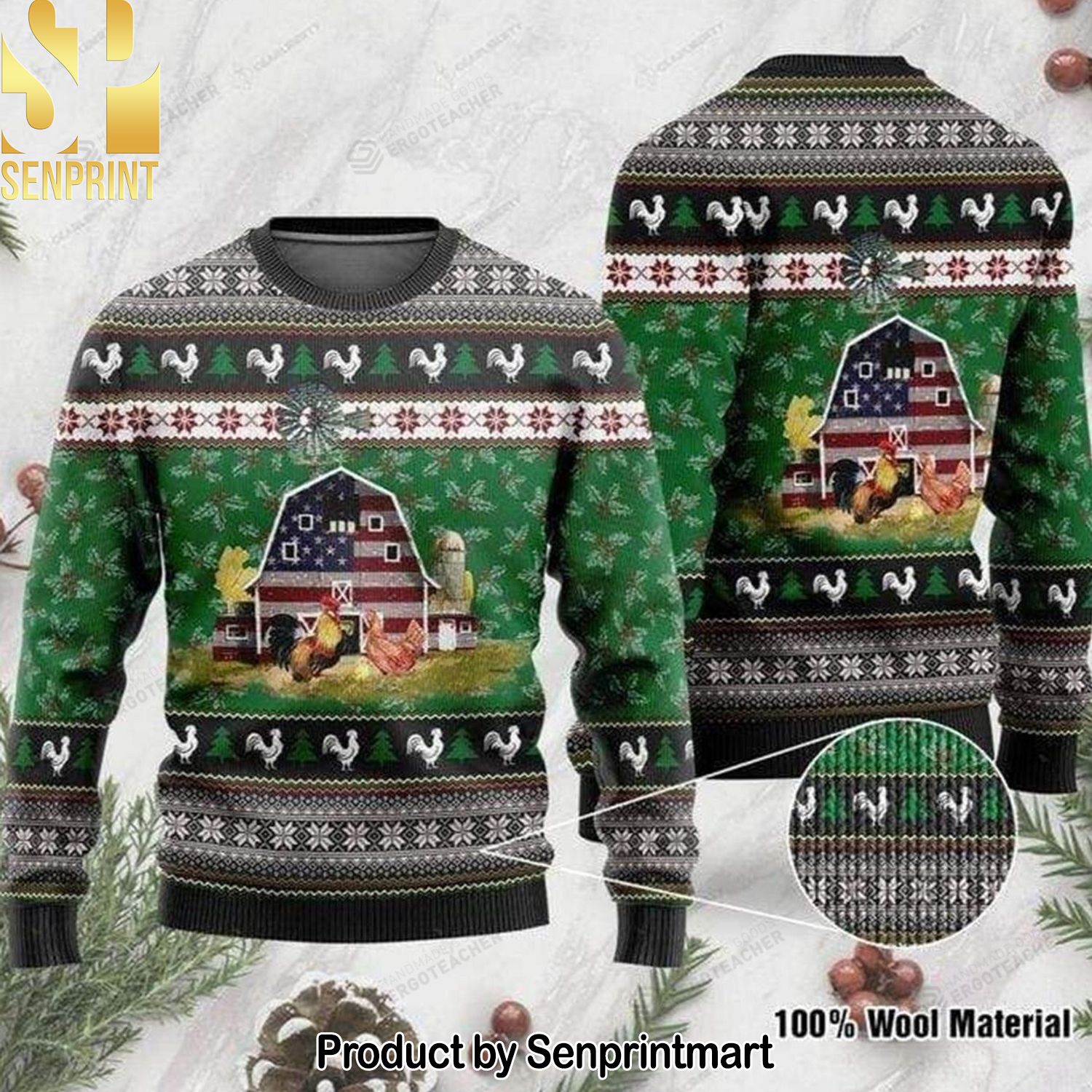 American Flag Farmers Chickens Christmas Ugly Wool Knitted Sweater