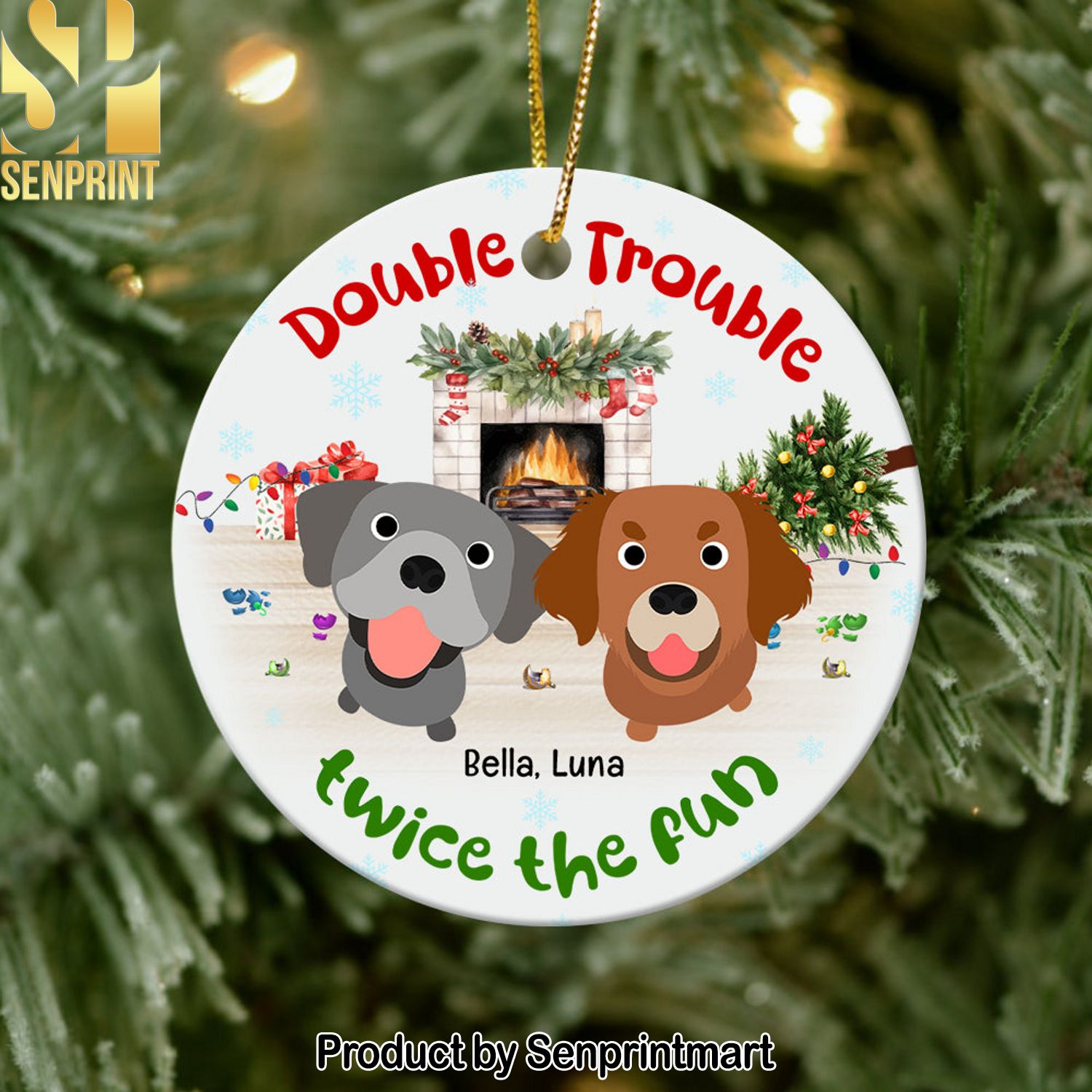 Double Trouble Twice The Fun Personalized Ornament Ceramic Circle Ornament Gift For Dog Lover Christmas Gifts