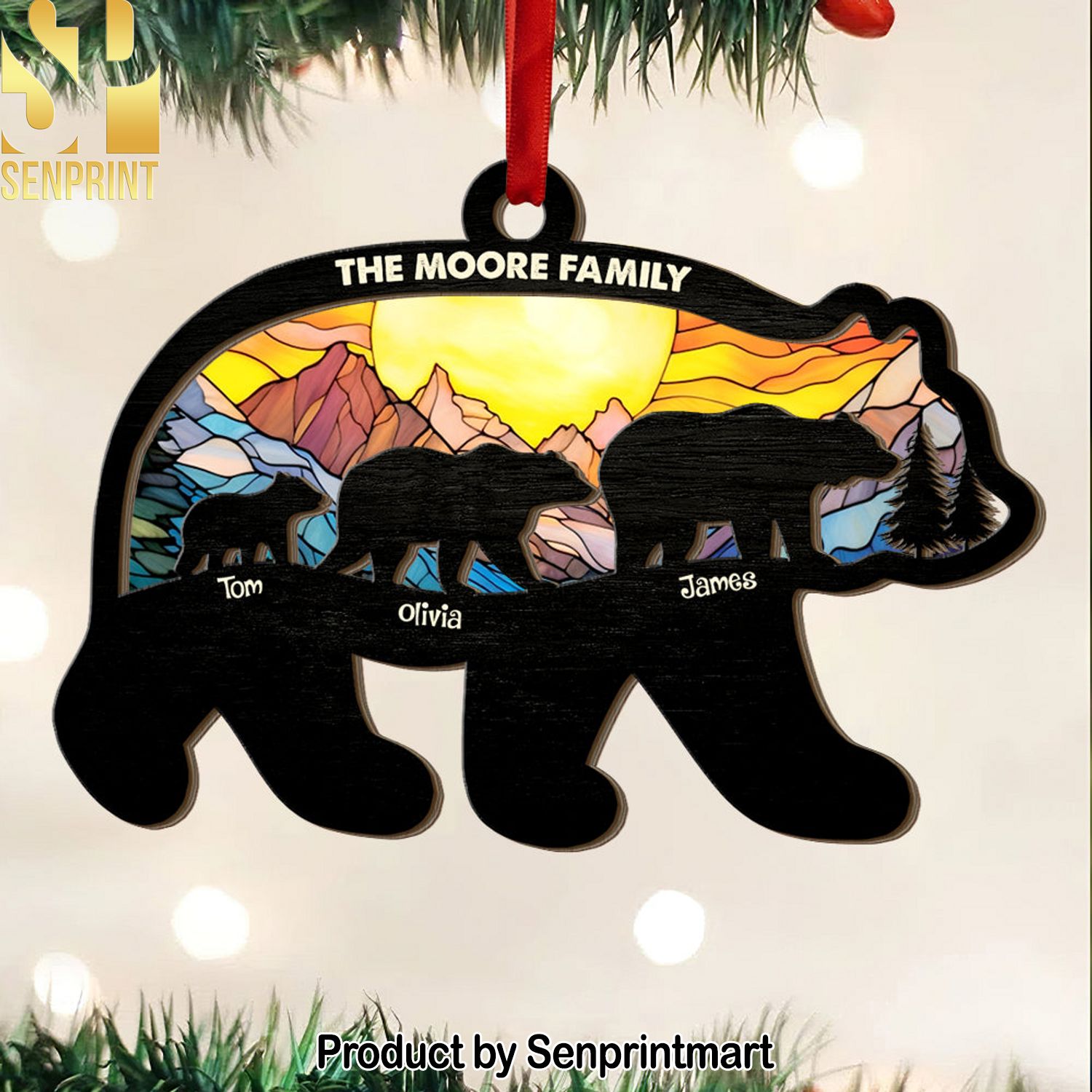 Family Gift , Personalized Wood Ornament, Bears Family Suncatcher Ornament, Christmas Gift