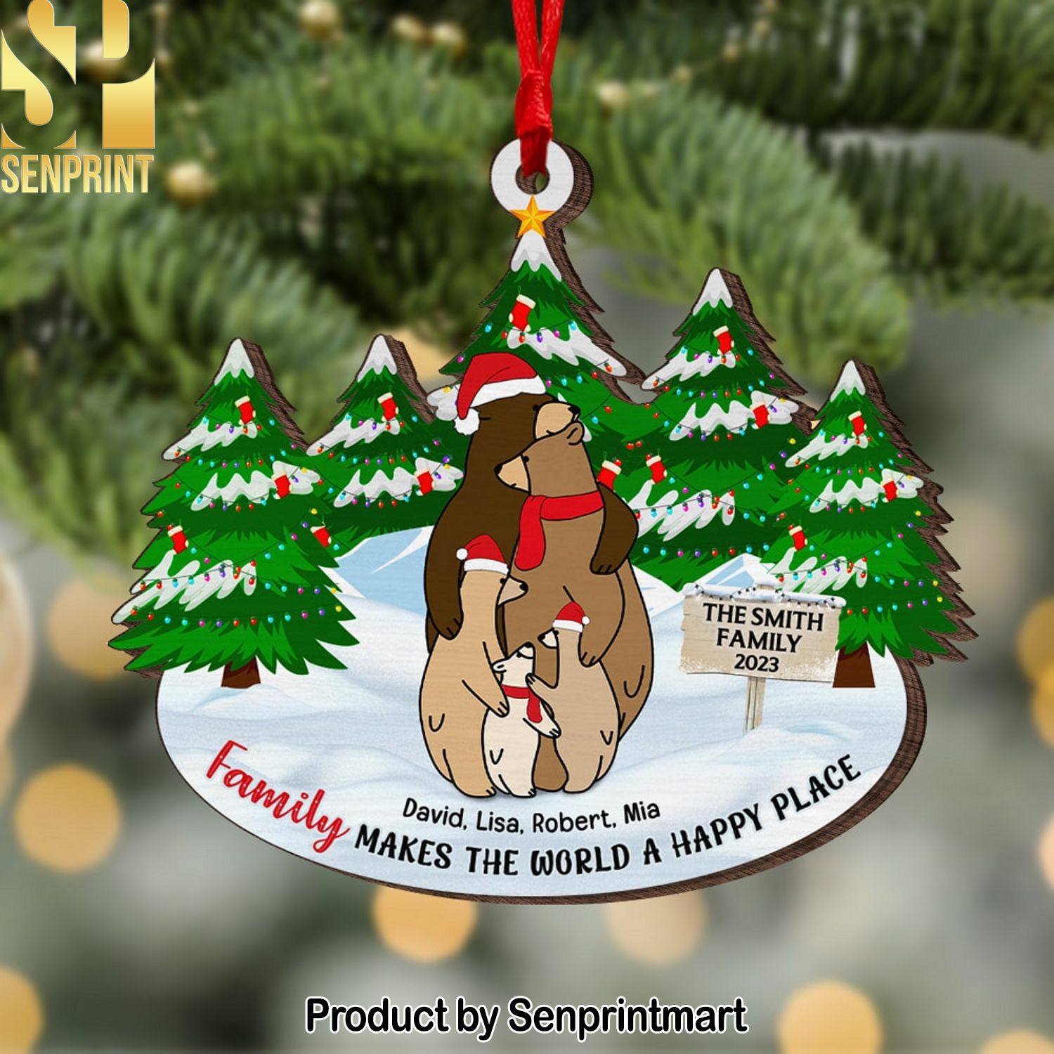 Family Makes The World A Happy Place Personalized Wood Ornament Gift For Family Christmas Gift