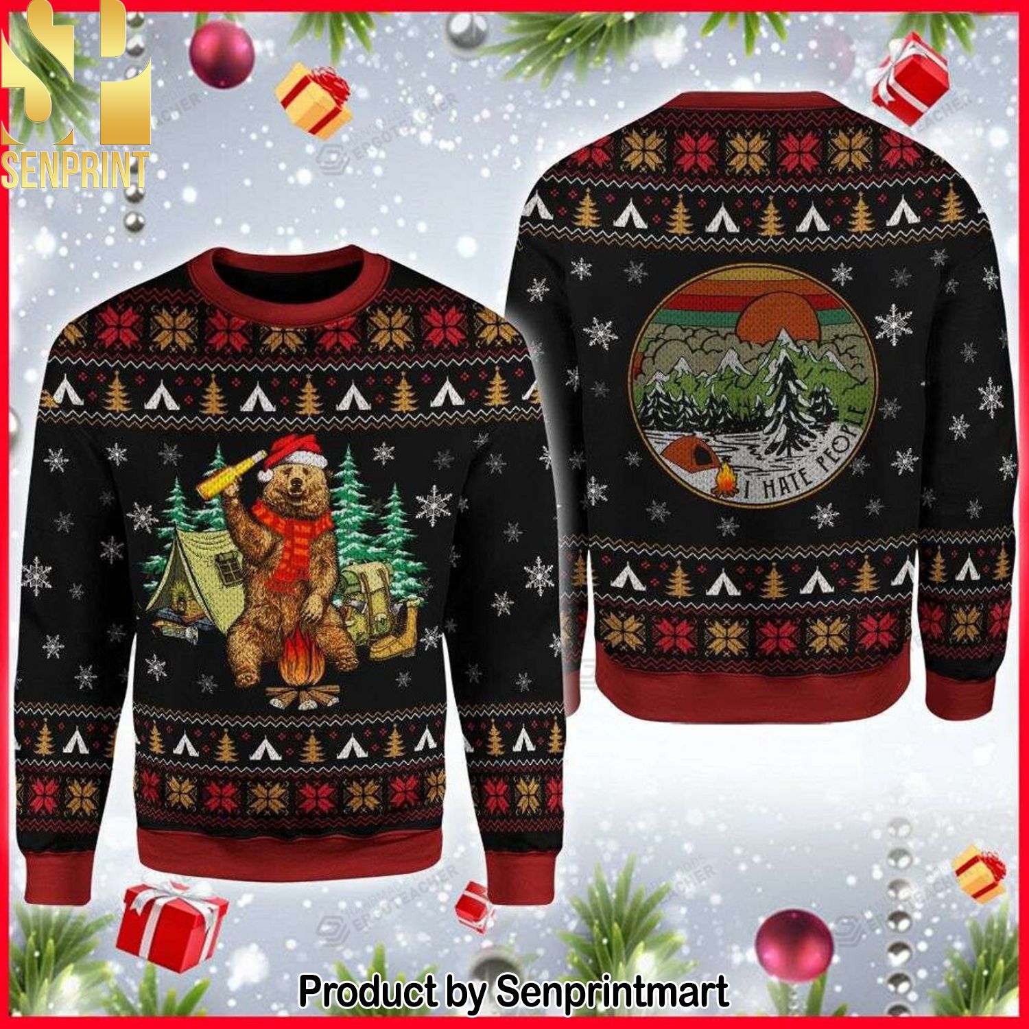 Bear Scarf Camping Knitting Pattern Ugly Christmas Holiday Sweater