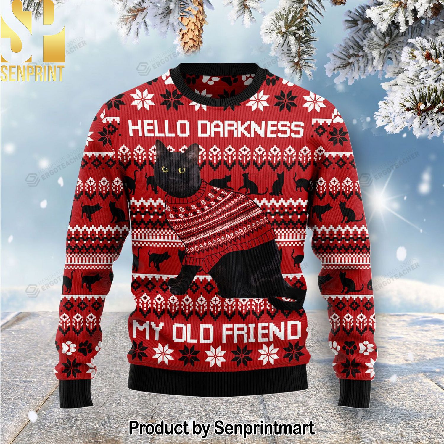 Black Cat Hello Darkness My Old Friend For Christmas Gifts Ugly Christmas Wool Knitted Sweater
