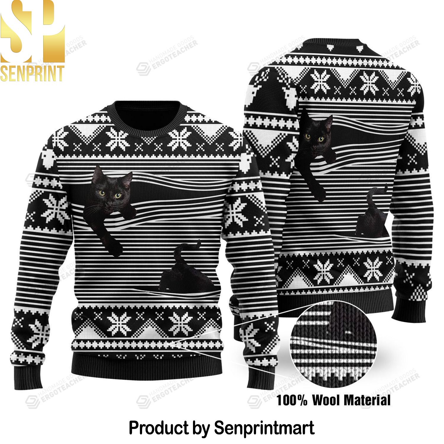 Black Cat Knitting Pattern Ugly Christmas Sweater