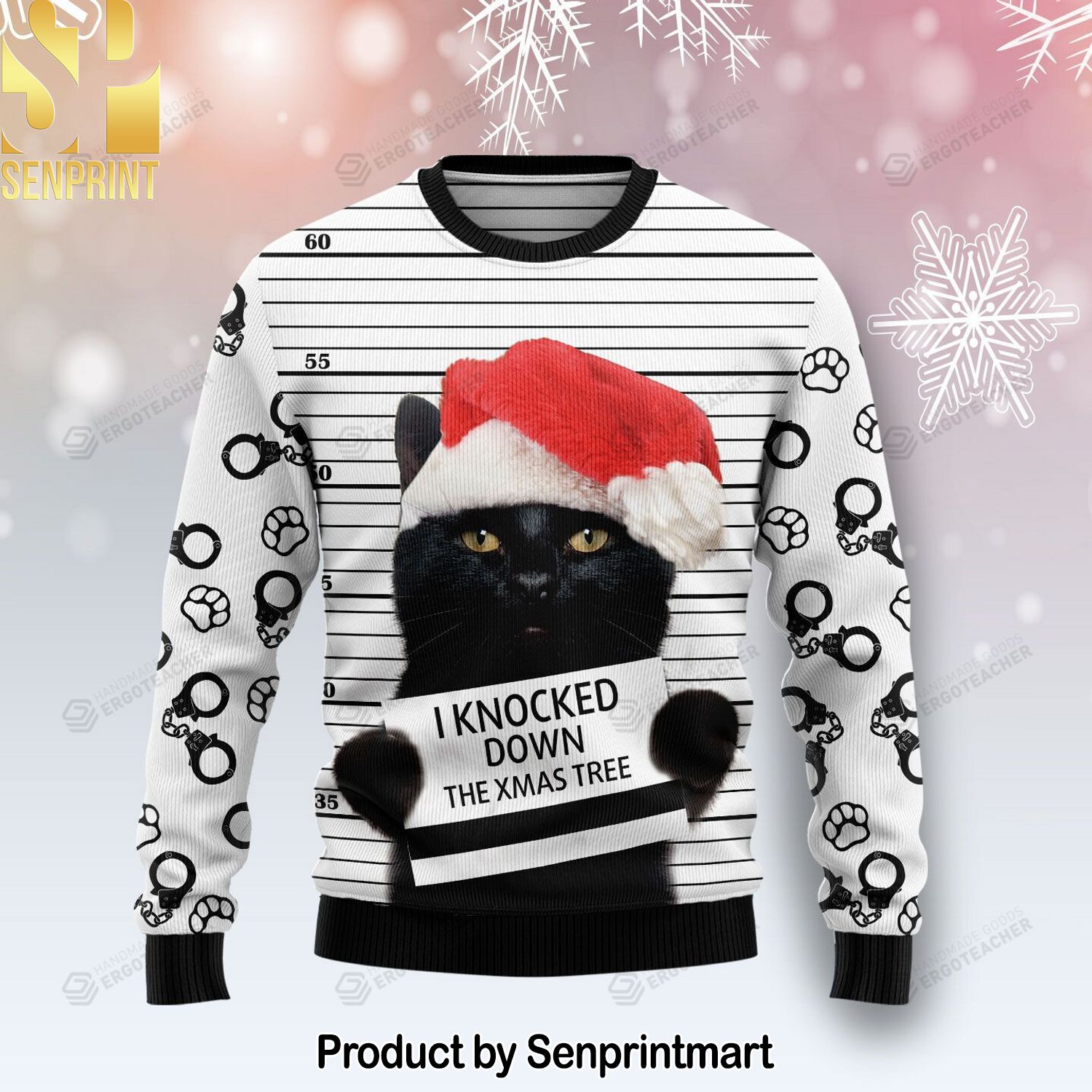 Black Cat Knocked Down Xmas Tree For Christmas Gifts Ugly Xmas Wool Knitted Sweater
